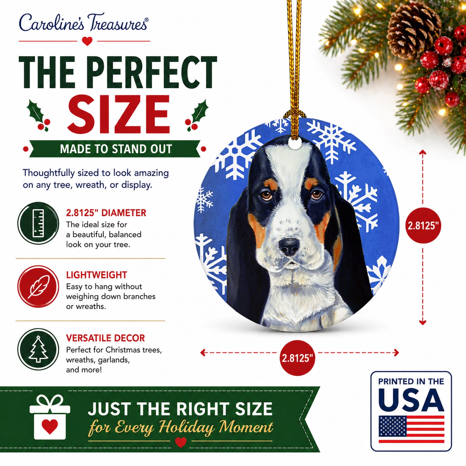 Basset Hound Winter Snowflakes Holiday Ceramic Ornament Christmas Tree Hanging Decorations for Home Christmas Holiday, Party, Gift, 3 in, Multicolor