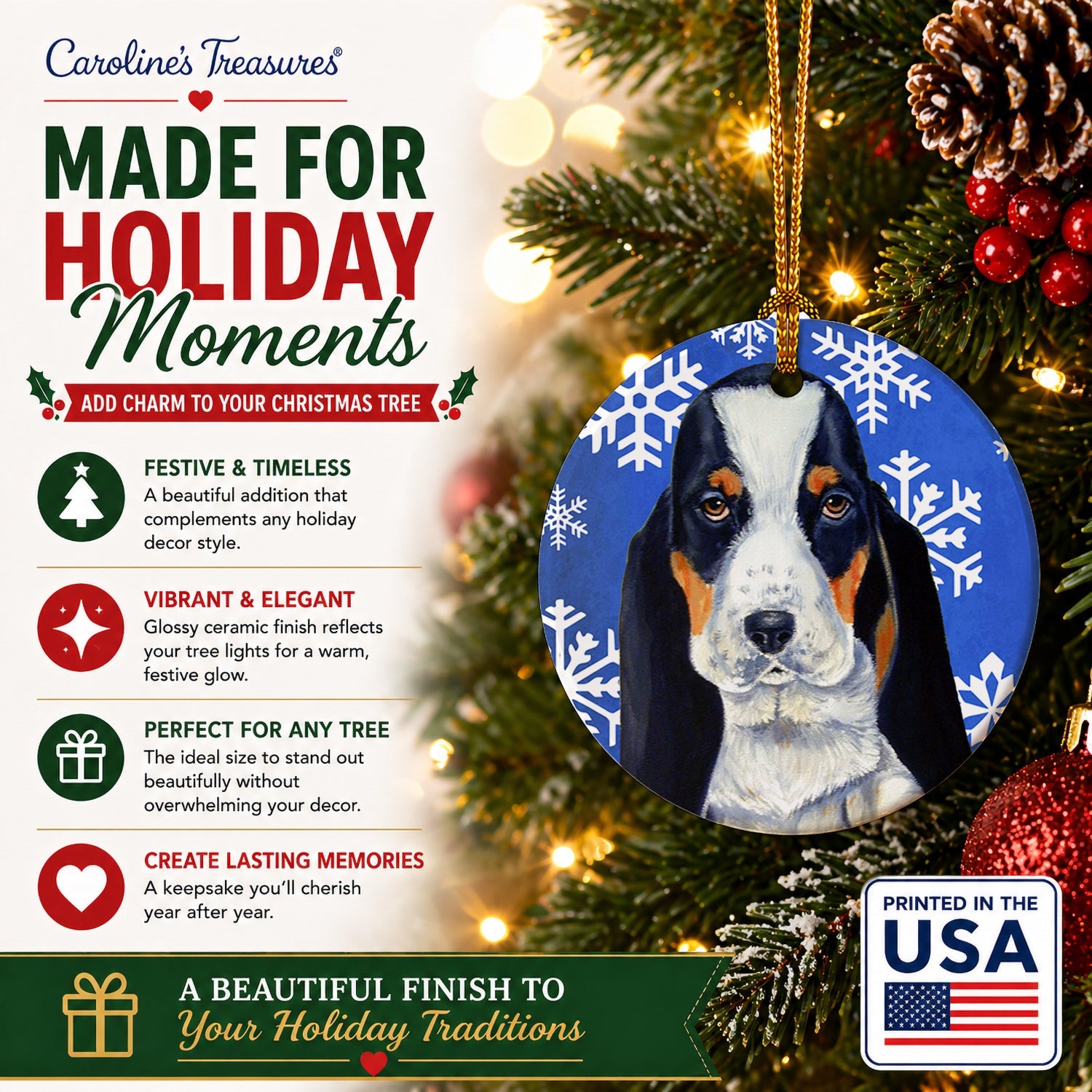 Basset Hound Winter Snowflakes Holiday Ceramic Ornament Christmas Tree Hanging Decorations for Home Christmas Holiday, Party, Gift, 3 in, Multicolor