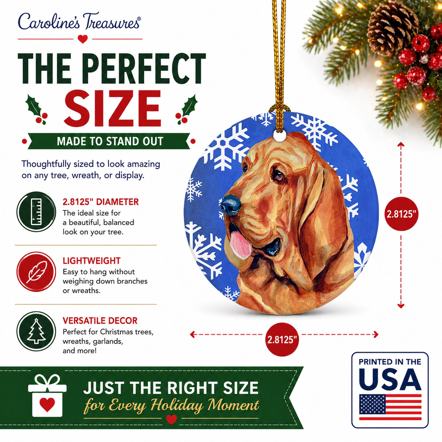 Bloodhound Winter Snowflakes Holiday Ceramic Ornament Christmas Tree Hanging Decorations for Home Christmas Holiday, Party, Gift, 3 in, Multicolor