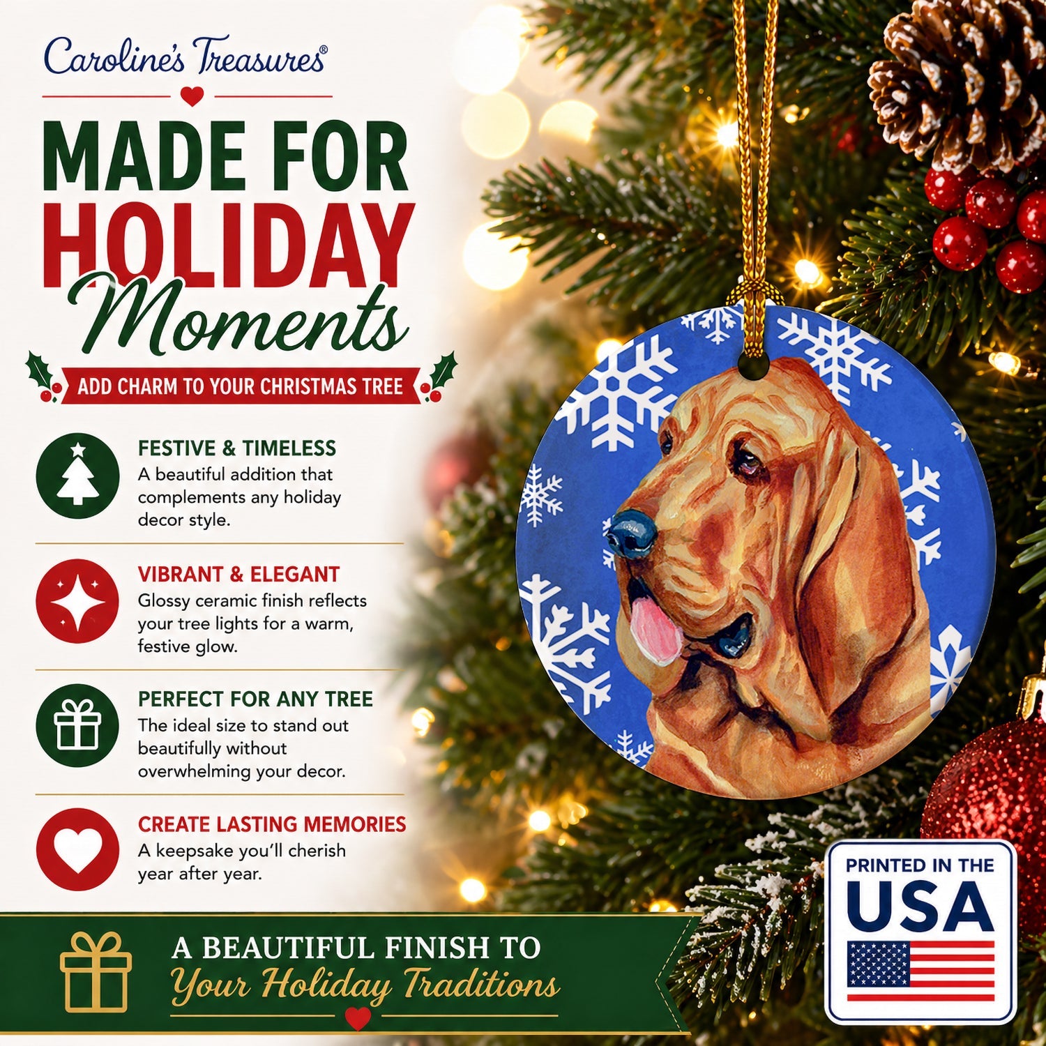 Bloodhound Winter Snowflakes Holiday Ceramic Ornament Christmas Tree Hanging Decorations for Home Christmas Holiday, Party, Gift, 3 in, Multicolor