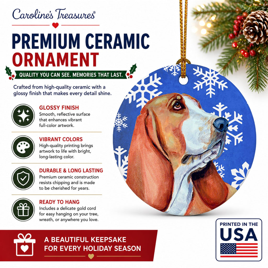 Basset Hound Winter Snowflakes Holiday Ceramic Ornament Christmas Tree Hanging Decorations for Home Christmas Holiday, Party, Gift, 3 in, Multicolor