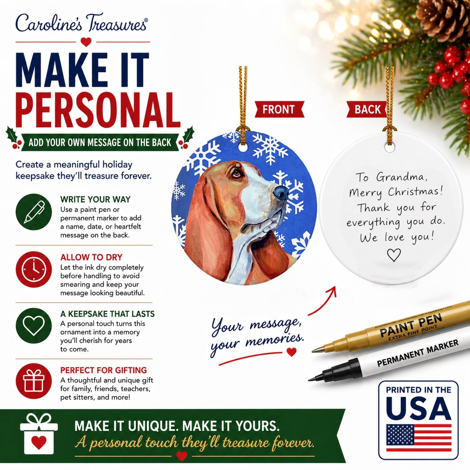 Basset Hound Winter Snowflakes Holiday Ceramic Ornament Christmas Tree Hanging Decorations for Home Christmas Holiday, Party, Gift, 3 in, Multicolor
