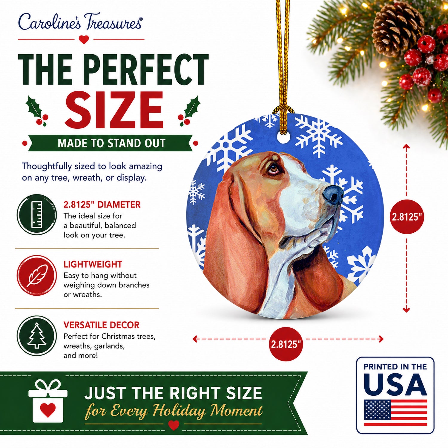 Basset Hound Winter Snowflakes Holiday Ceramic Ornament Christmas Tree Hanging Decorations for Home Christmas Holiday, Party, Gift, 3 in, Multicolor
