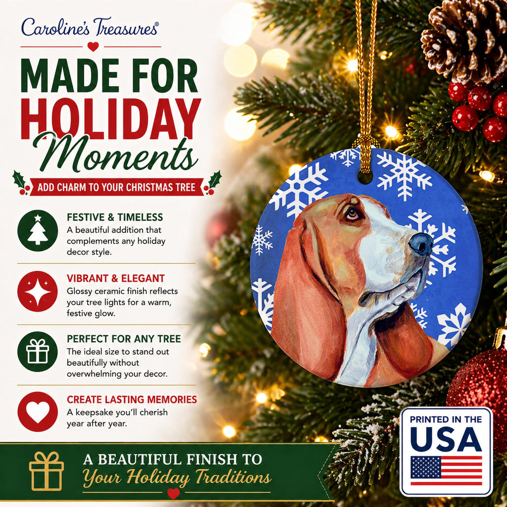 Basset Hound Winter Snowflakes Holiday Ceramic Ornament Christmas Tree Hanging Decorations for Home Christmas Holiday, Party, Gift, 3 in, Multicolor