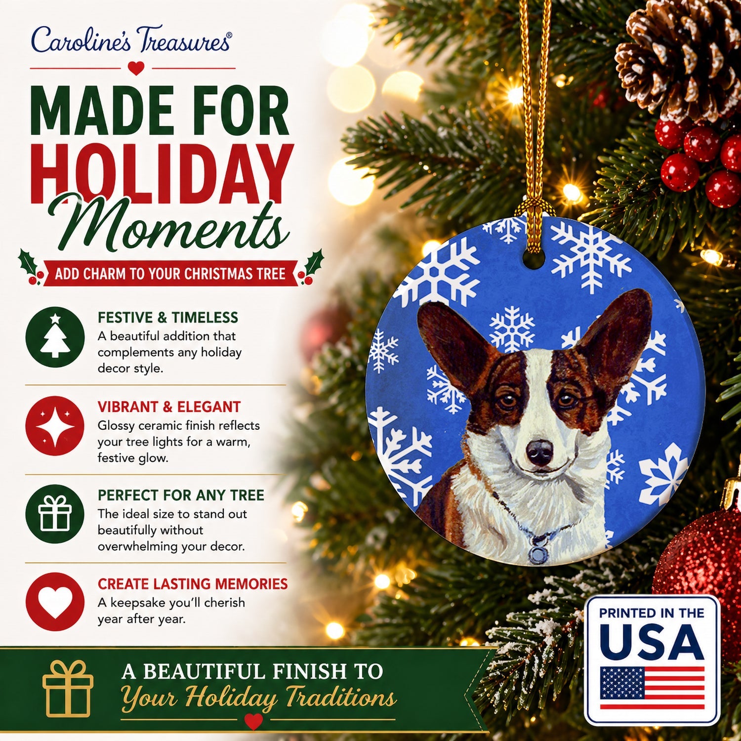 Corgi Winter Snowflakes Holiday Ceramic Ornament Christmas Tree Hanging Decorations for Home Christmas Holiday, Party, Gift, 3 in, Multicolor
