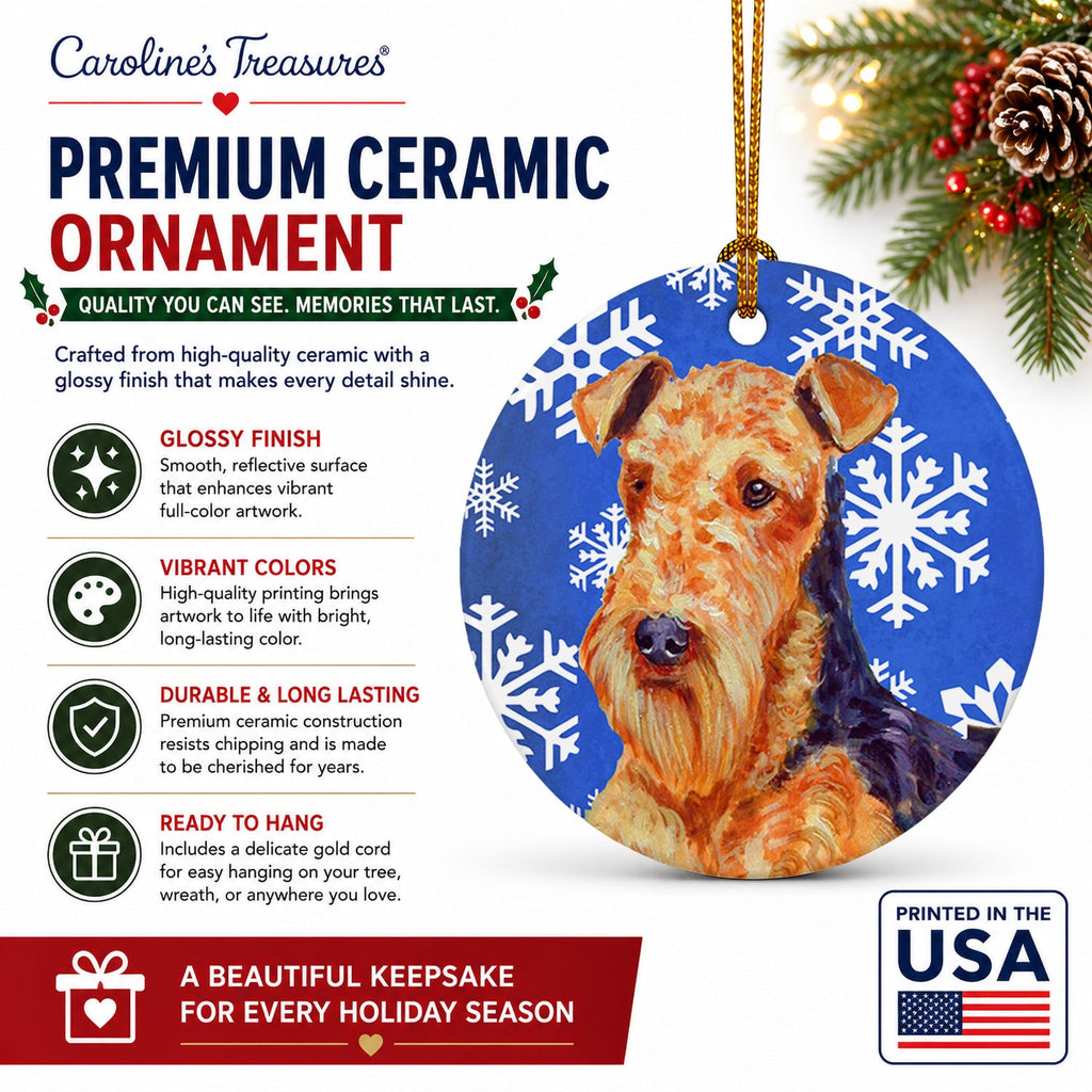 Airedale Winter Snowflakes Holiday Ceramic Ornament Christmas Tree Hanging Decorations for Home Christmas Holiday, Party, Gift, 3 in, Multicolor