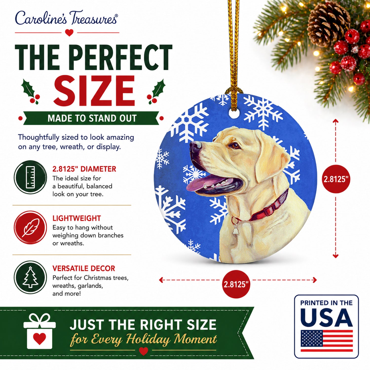 Labrador Winter Snowflakes Holiday Ceramic Ornament Christmas Tree Hanging Decorations for Home Christmas Holiday, Party, Gift, 3 in, Multicolor
