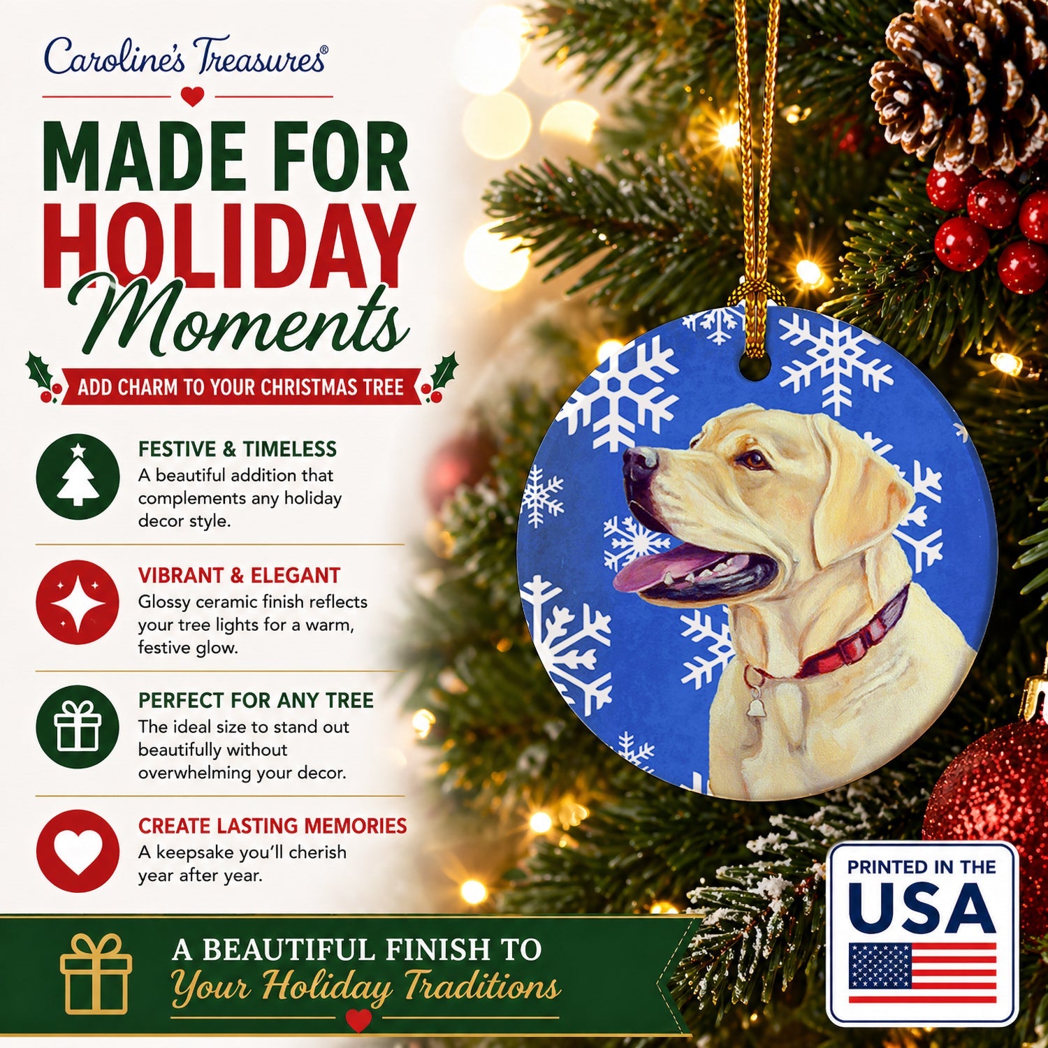 Labrador Winter Snowflakes Holiday Ceramic Ornament Christmas Tree Hanging Decorations for Home Christmas Holiday, Party, Gift, 3 in, Multicolor