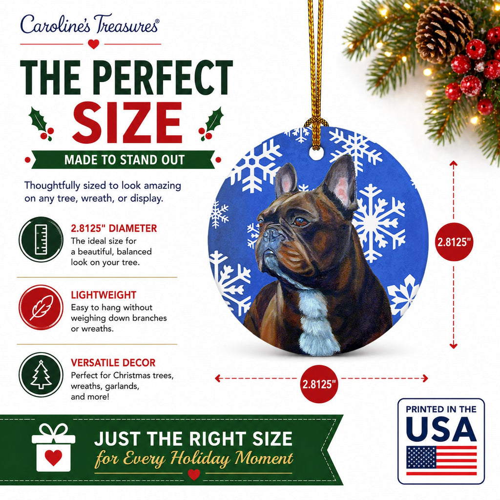 French Bulldog Winter Snowflakes Holiday Ceramic Ornament Christmas Tree Hanging Decorations for Home Christmas Holiday, Party, Gift, 3 in, Multicolor