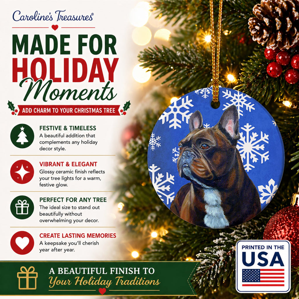 French Bulldog Winter Snowflakes Holiday Ceramic Ornament Christmas Tree Hanging Decorations for Home Christmas Holiday, Party, Gift, 3 in, Multicolor
