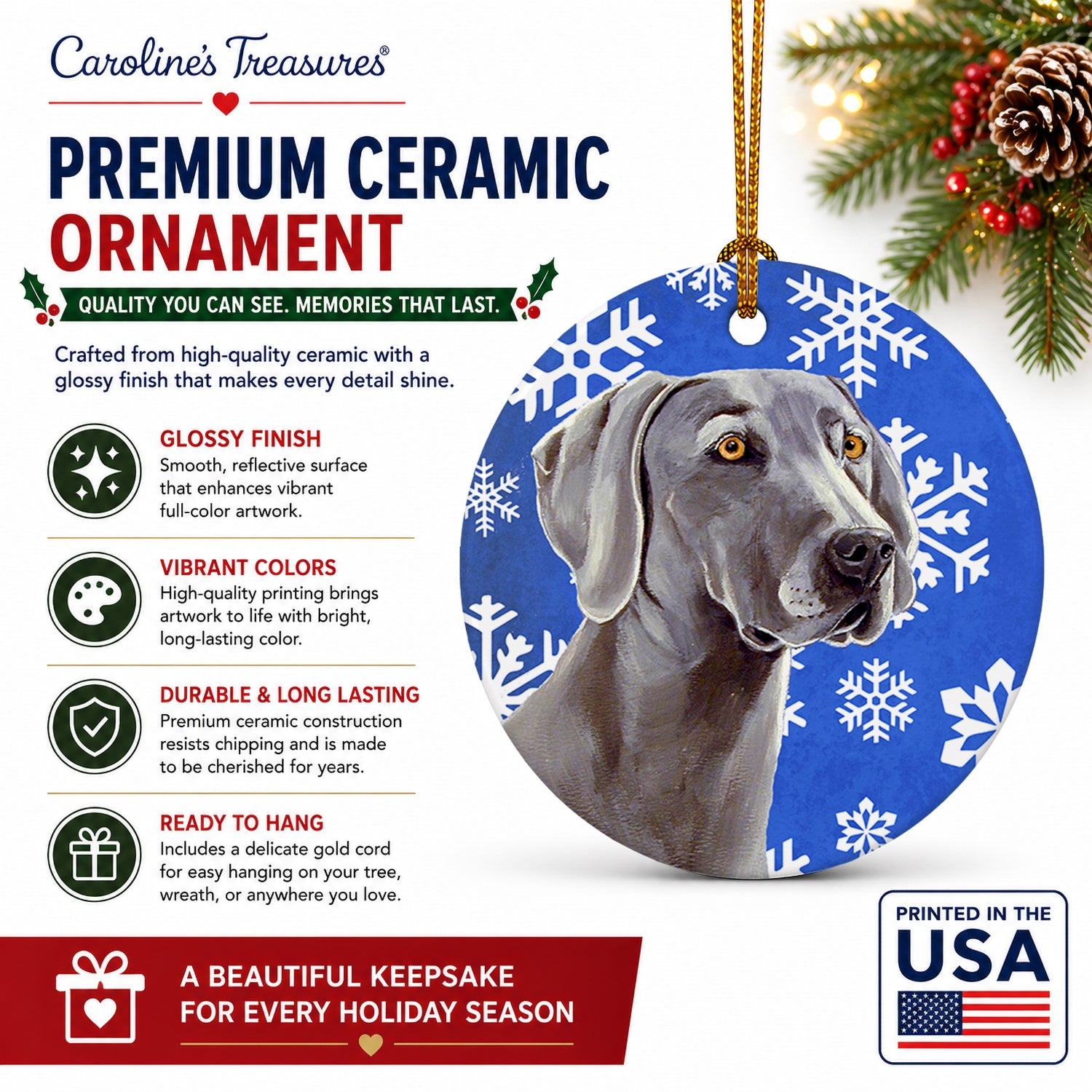 Weimaraner Winter Snowflakes Holiday Ceramic Ornament Christmas Tree Hanging Decorations for Home Christmas Holiday, Party, Gift, 3 in, Multicolor