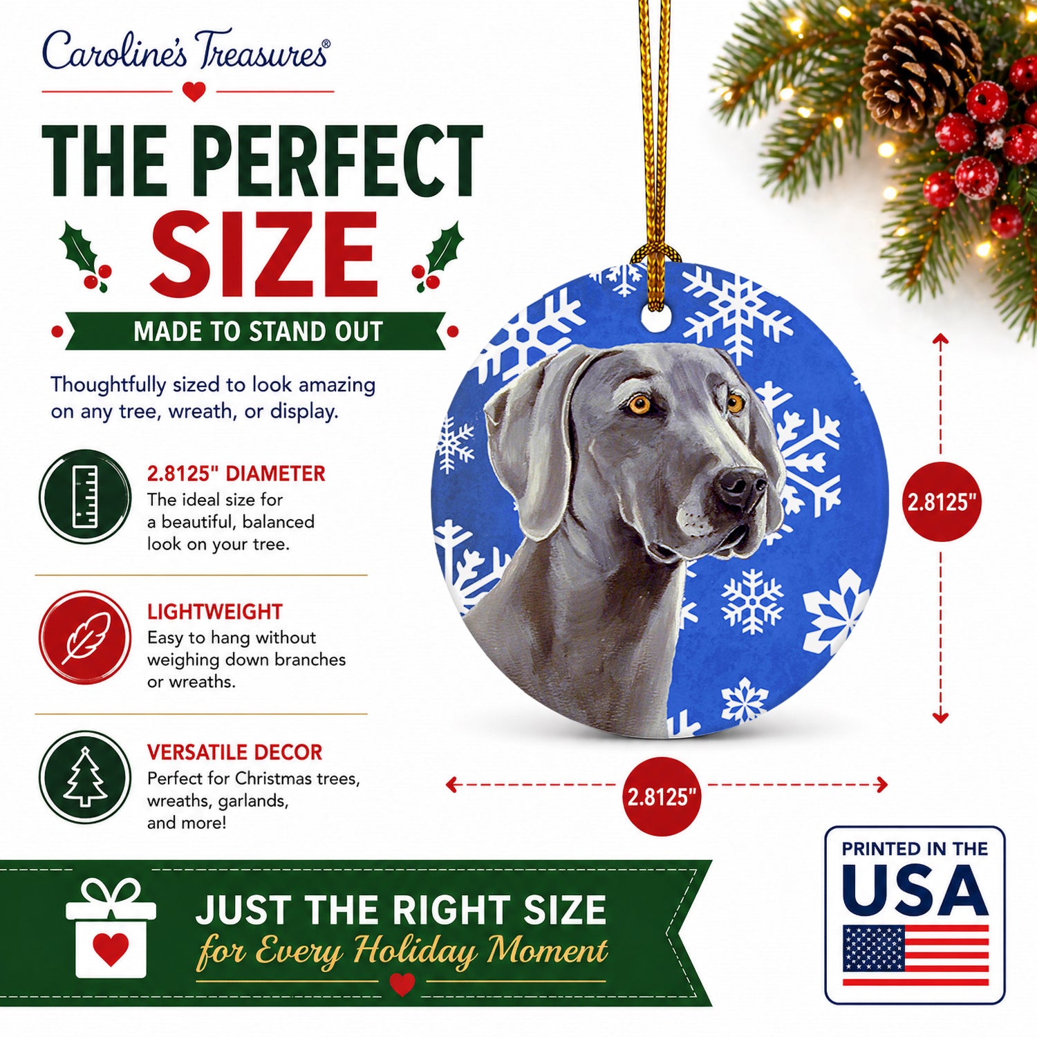 Weimaraner Winter Snowflakes Holiday Ceramic Ornament Christmas Tree Hanging Decorations for Home Christmas Holiday, Party, Gift, 3 in, Multicolor