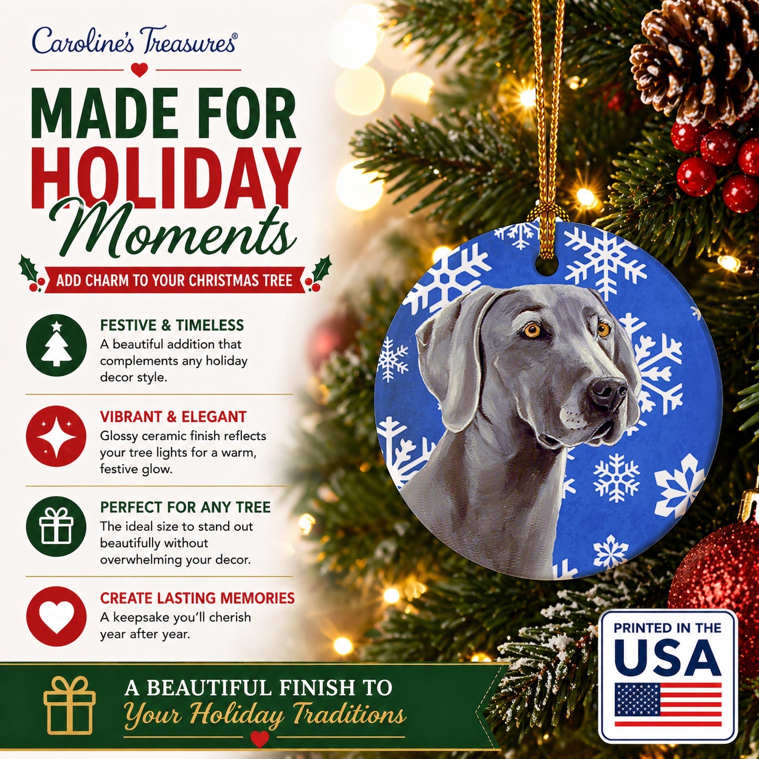 Weimaraner Winter Snowflakes Holiday Ceramic Ornament Christmas Tree Hanging Decorations for Home Christmas Holiday, Party, Gift, 3 in, Multicolor