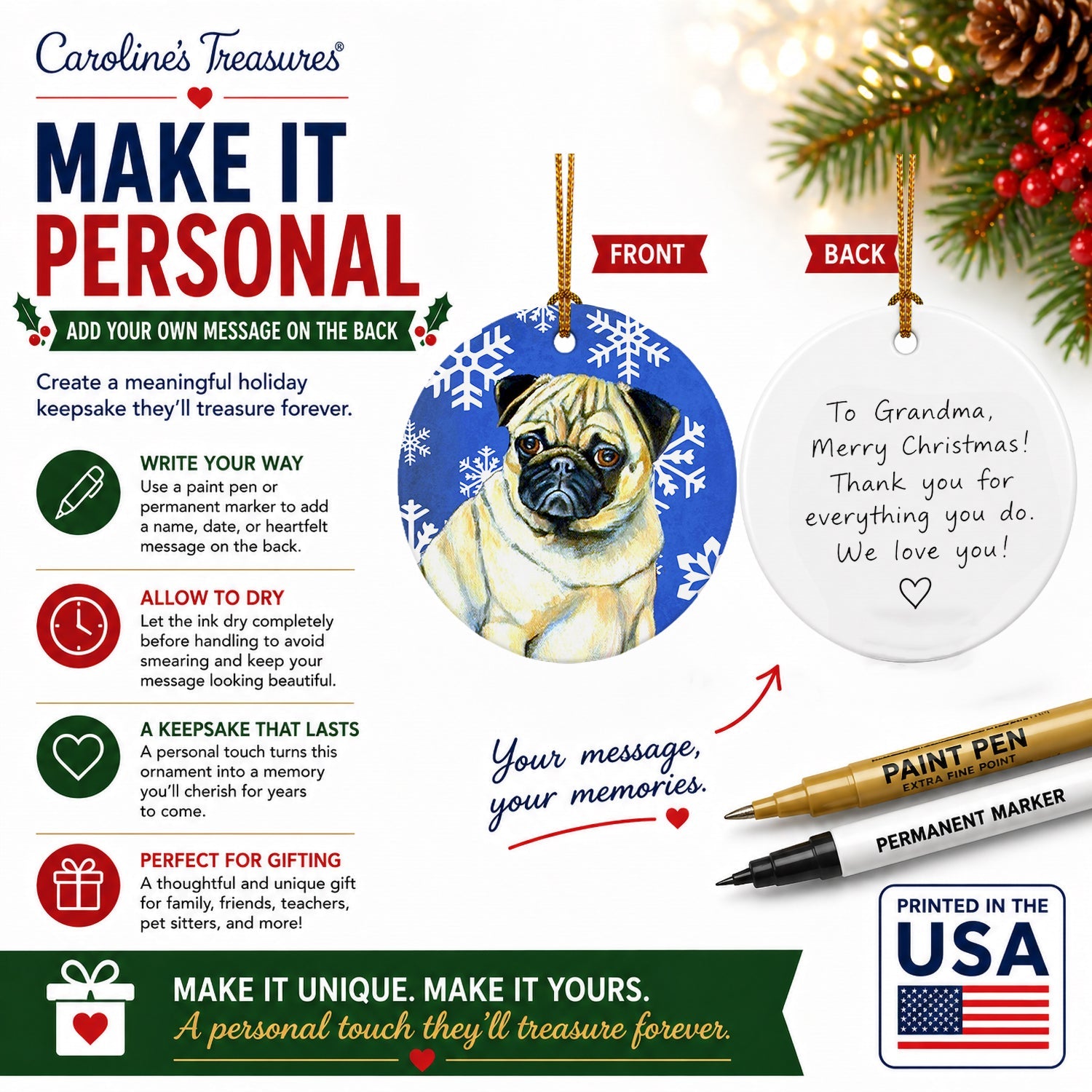 Pug Winter Snowflakes Holiday Ceramic Ornament Christmas Tree Hanging Decorations for Home Christmas Holiday, Party, Gift, 3 in, Multicolor