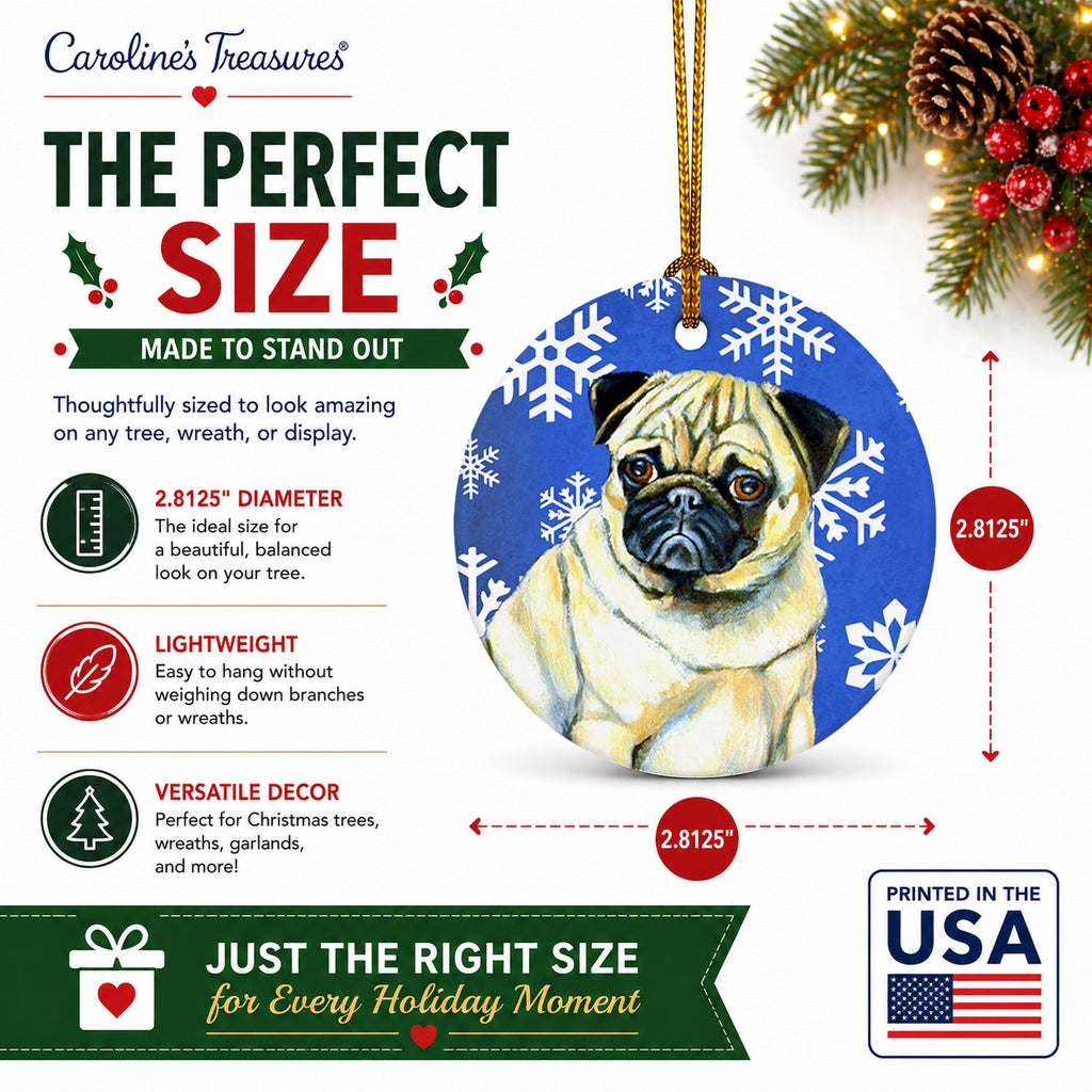 Pug Winter Snowflakes Holiday Ceramic Ornament Christmas Tree Hanging Decorations for Home Christmas Holiday, Party, Gift, 3 in, Multicolor