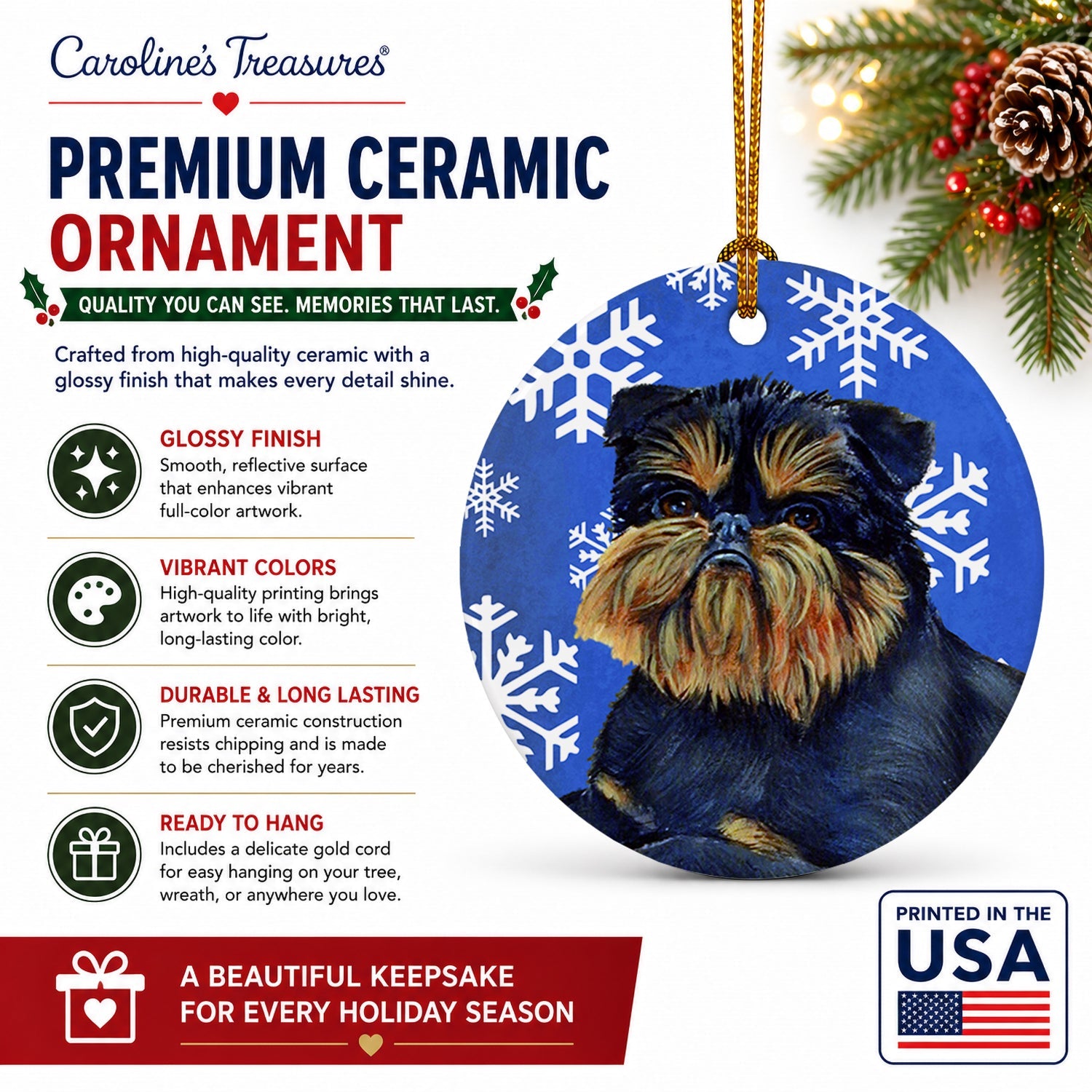 Brussels Griffon Winter Snowflakes Holiday Ceramic Ornament Christmas Tree Hanging Decorations for Home Christmas Holiday, Party, Gift, 3 in, Multicolor