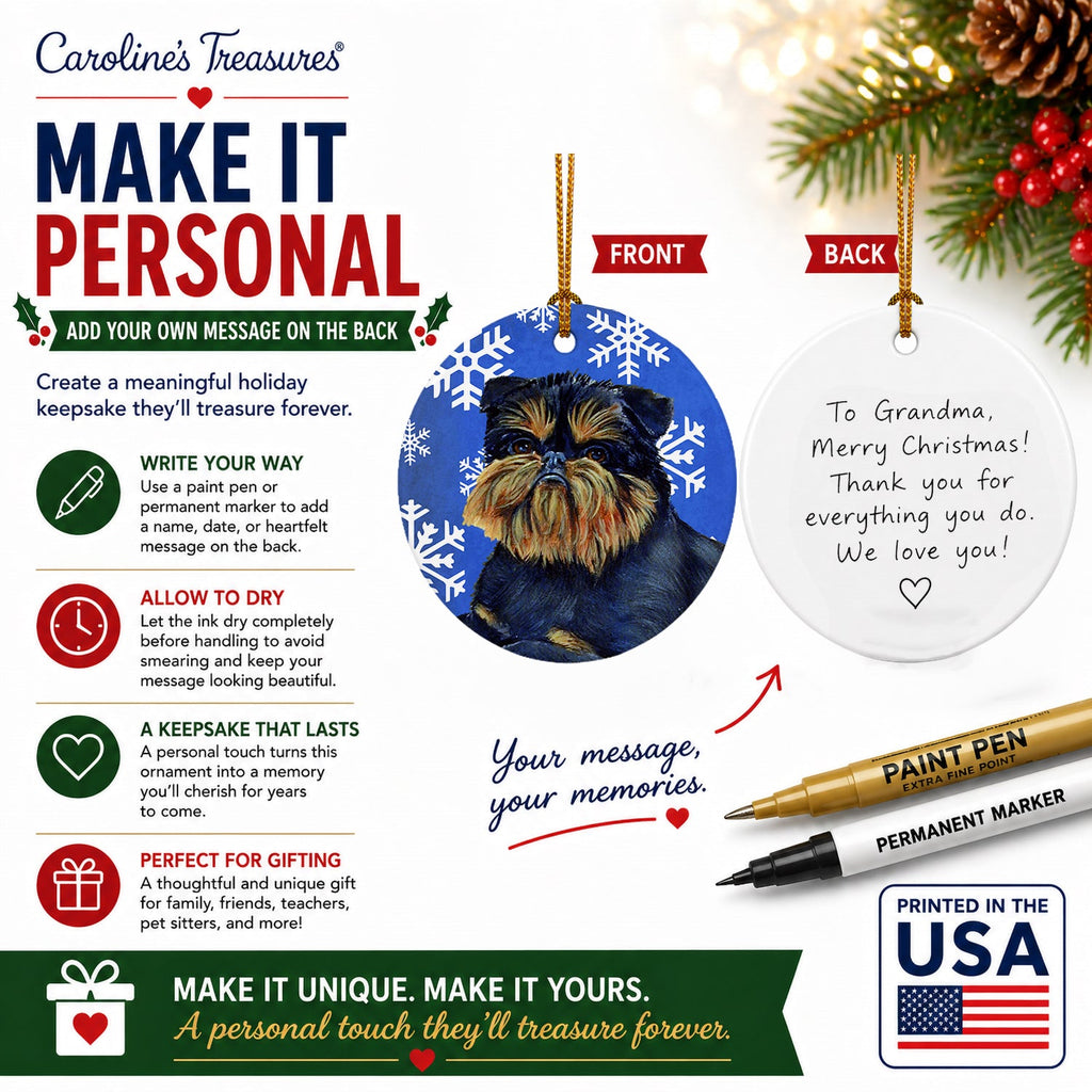 Brussels Griffon Winter Snowflakes Holiday Ceramic Ornament Christmas Tree Hanging Decorations for Home Christmas Holiday, Party, Gift, 3 in, Multicolor
