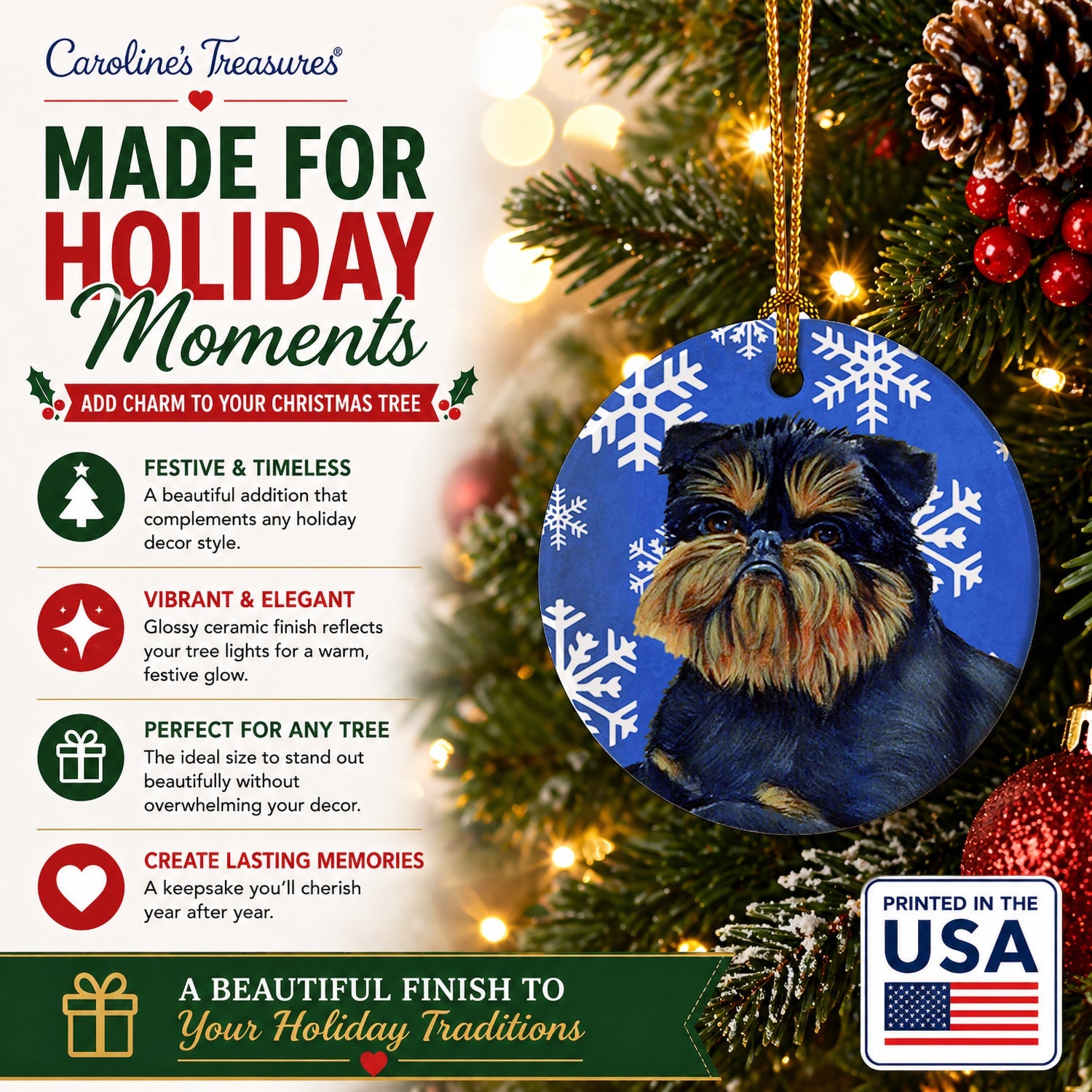 Brussels Griffon Winter Snowflakes Holiday Ceramic Ornament Christmas Tree Hanging Decorations for Home Christmas Holiday, Party, Gift, 3 in, Multicolor