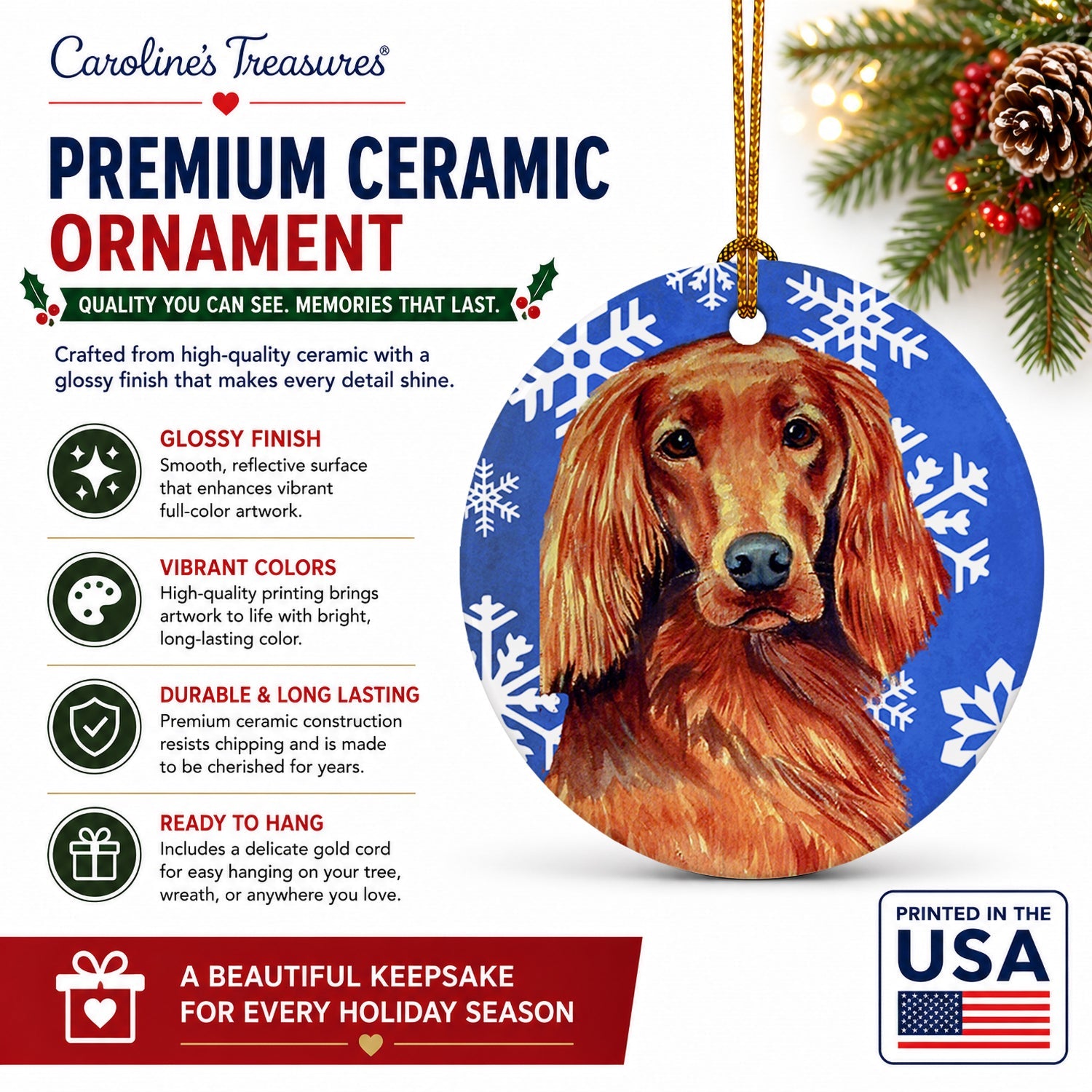 Irish Setter Winter Snowflakes Holiday Ceramic Ornament Christmas Tree Hanging Decorations for Home Christmas Holiday, Party, Gift, 3 in, Multicolor
