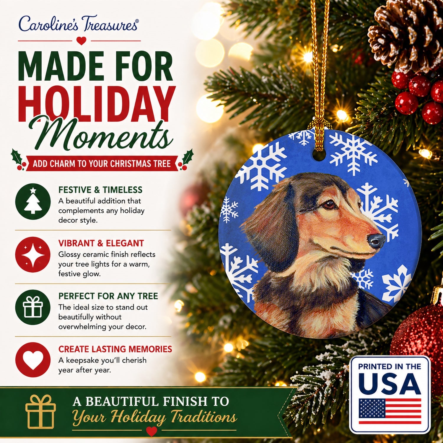 Dachshund Winter Snowflakes Holiday Ceramic Ornament Christmas Tree Hanging Decorations for Home Christmas Holiday, Party, Gift, 3 in, Multicolor