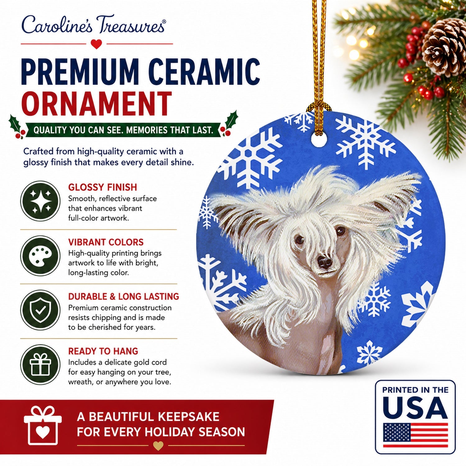 Chinese Crested Winter Snowflakes Holiday Ceramic Ornament Christmas Tree Hanging Decorations for Home Christmas Holiday, Party, Gift, 3 in, Multicolor