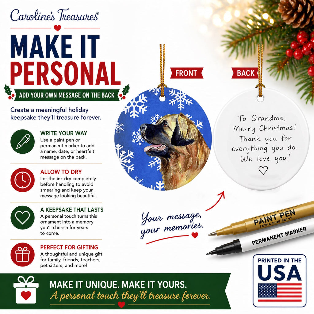 Leonberger Winter Snowflakes Holiday Ceramic Ornament Christmas Tree Hanging Decorations for Home Christmas Holiday, Party, Gift, 3 in, Multicolor