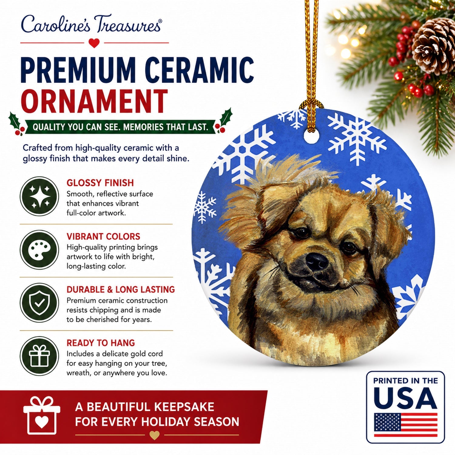 Tibetan Spaniel Winter Snowflakes Holiday Ceramic Ornament Christmas Tree Hanging Decorations for Home Christmas Holiday, Party, Gift, 3 in, Multicolor