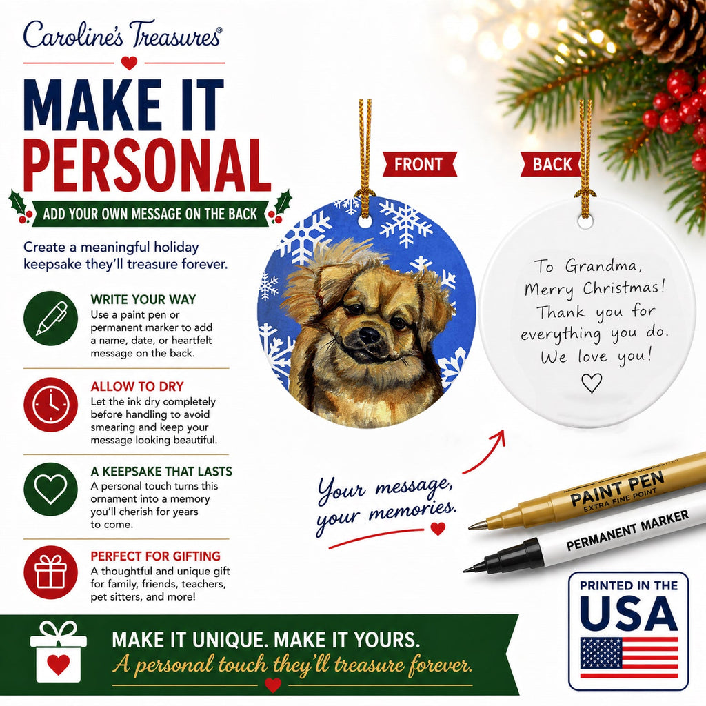 Tibetan Spaniel Winter Snowflakes Holiday Ceramic Ornament Christmas Tree Hanging Decorations for Home Christmas Holiday, Party, Gift, 3 in, Multicolor