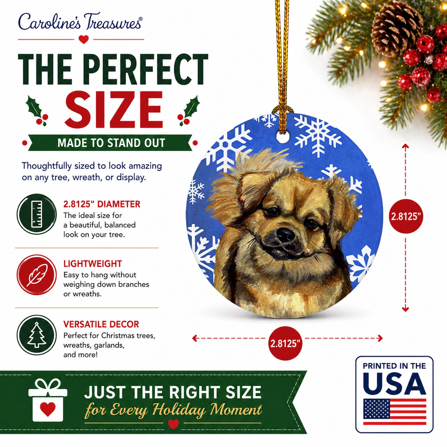 Tibetan Spaniel Winter Snowflakes Holiday Ceramic Ornament Christmas Tree Hanging Decorations for Home Christmas Holiday, Party, Gift, 3 in, Multicolor