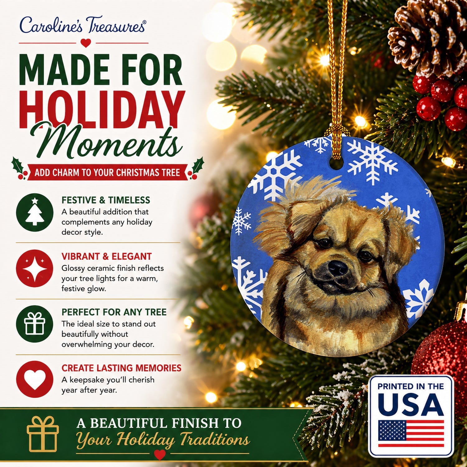 Tibetan Spaniel Winter Snowflakes Holiday Ceramic Ornament Christmas Tree Hanging Decorations for Home Christmas Holiday, Party, Gift, 3 in, Multicolor