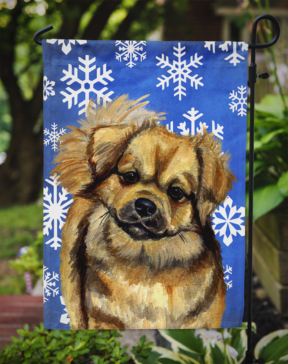 Tibetan Spaniel Winter Snowflakes Holiday Garden Flag Mailbox Decorative Yard Banner Outside Patio Artwork for Flower Beds, Garden Size, Multicolor