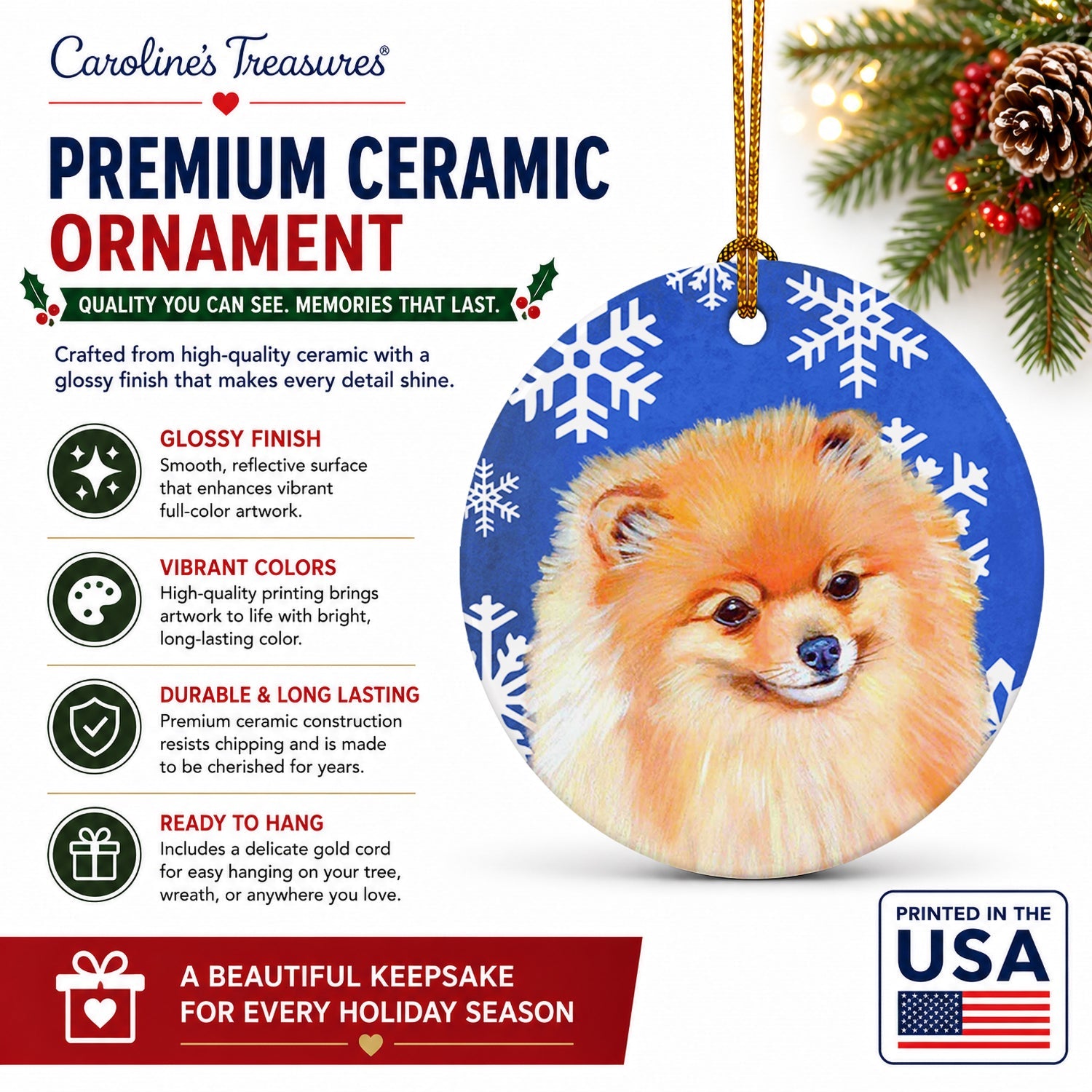 Pomeranian Winter Snowflakes Holiday Ceramic Ornament Christmas Tree Hanging Decorations for Home Christmas Holiday, Party, Gift, 3 in, Multicolor