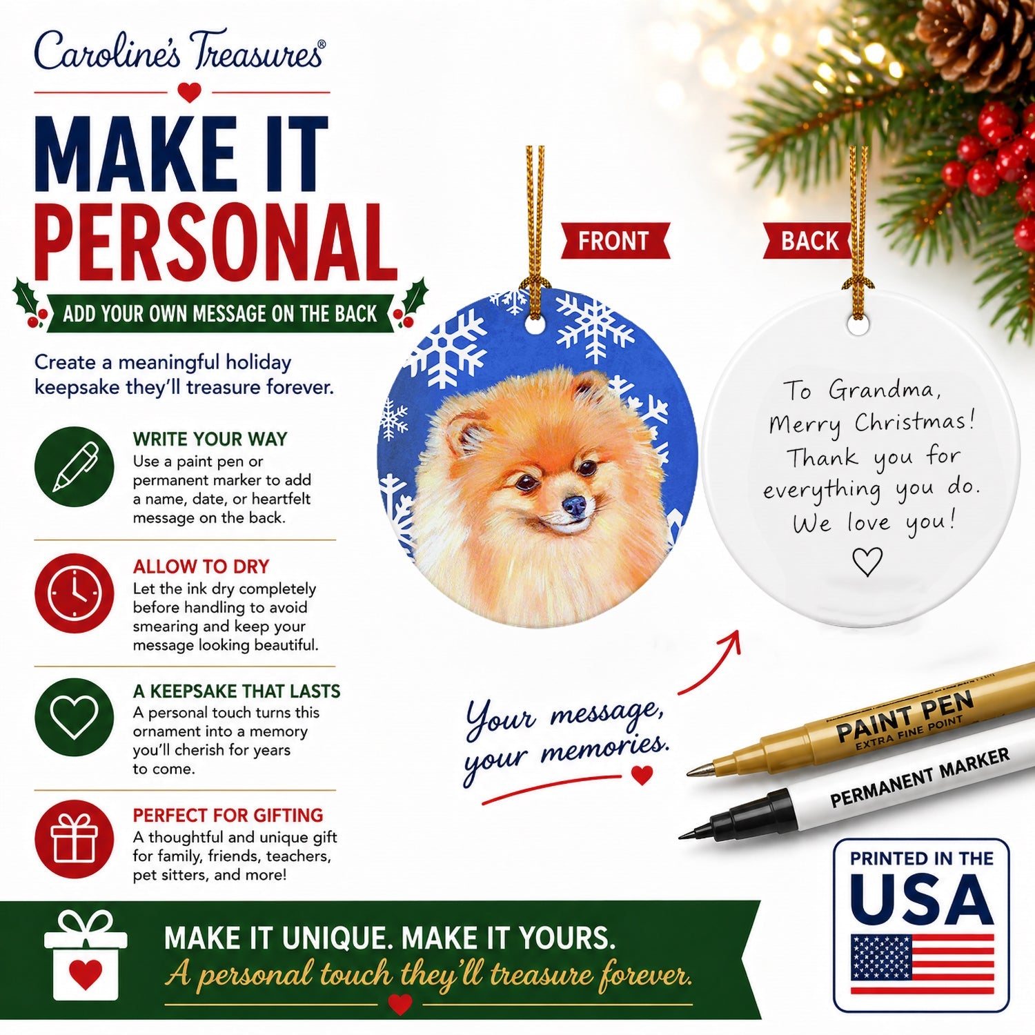 Pomeranian Winter Snowflakes Holiday Ceramic Ornament Christmas Tree Hanging Decorations for Home Christmas Holiday, Party, Gift, 3 in, Multicolor