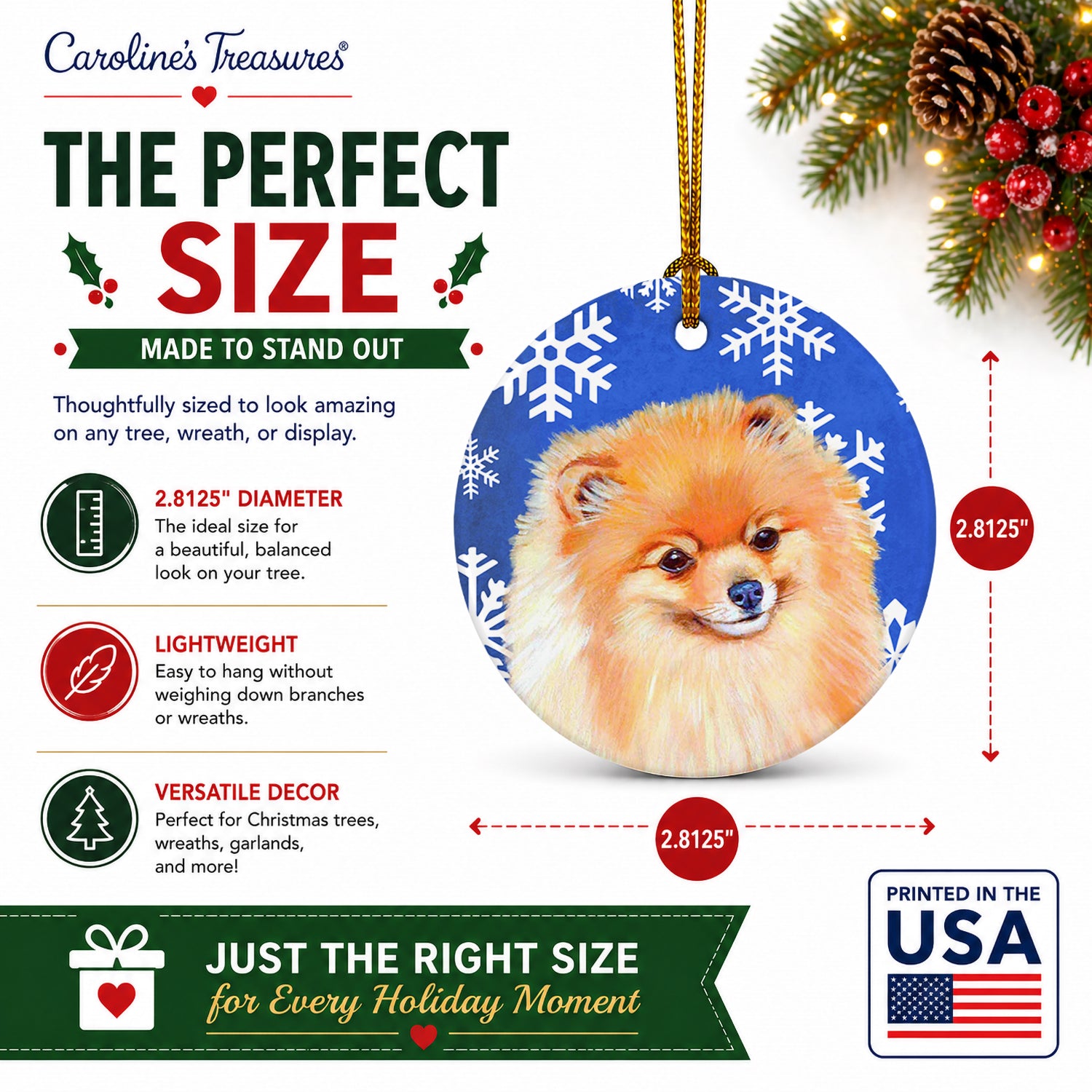 Pomeranian Winter Snowflakes Holiday Ceramic Ornament Christmas Tree Hanging Decorations for Home Christmas Holiday, Party, Gift, 3 in, Multicolor