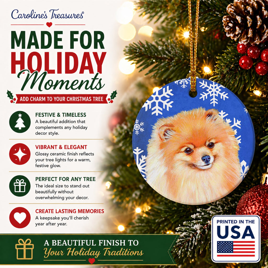 Pomeranian Winter Snowflakes Holiday Ceramic Ornament Christmas Tree Hanging Decorations for Home Christmas Holiday, Party, Gift, 3 in, Multicolor