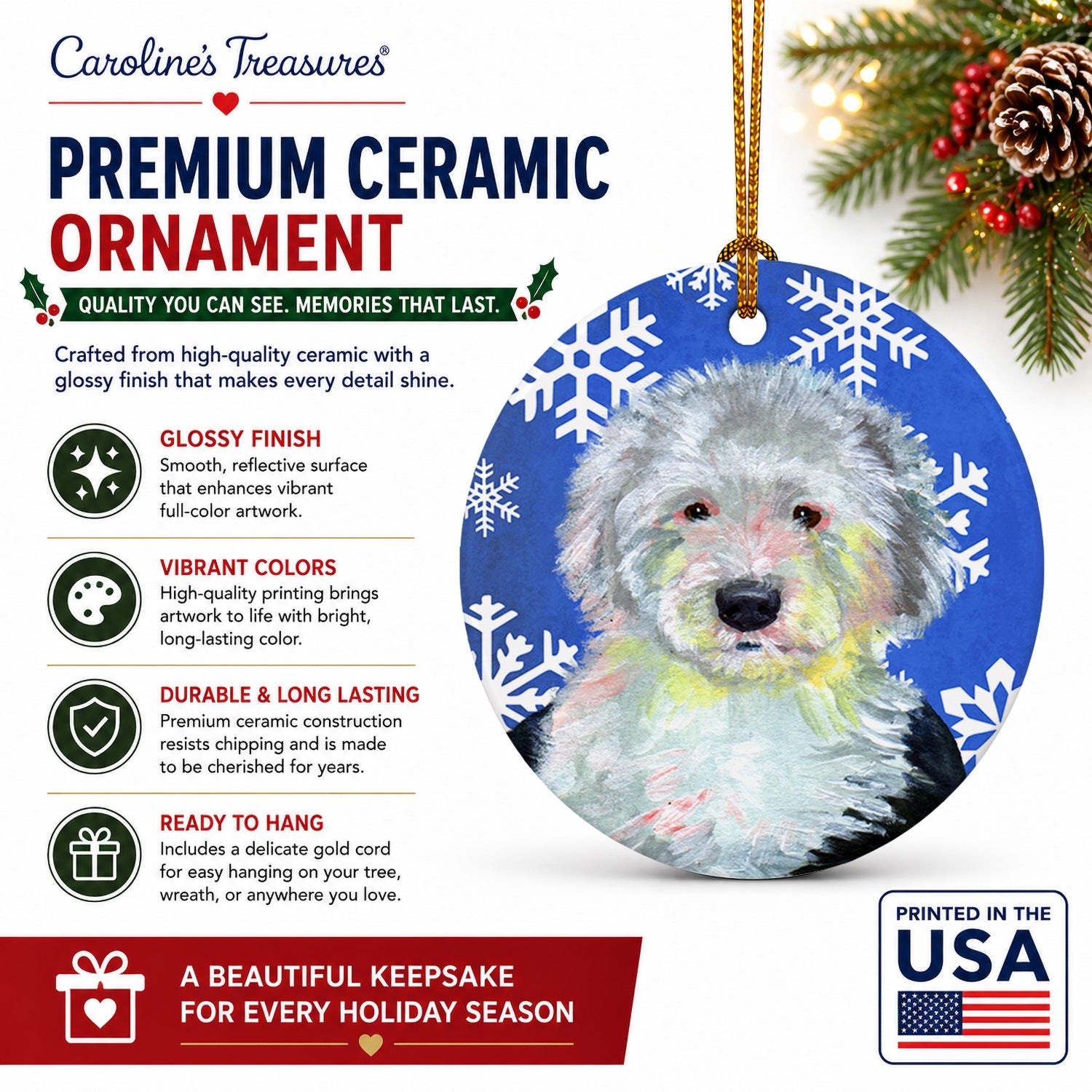 Old English Sheepdog Winter Snowflakes Holiday Ceramic Ornament Christmas Tree Hanging Decorations for Home Christmas Holiday, Party, Gift, 3 in, Multicolor