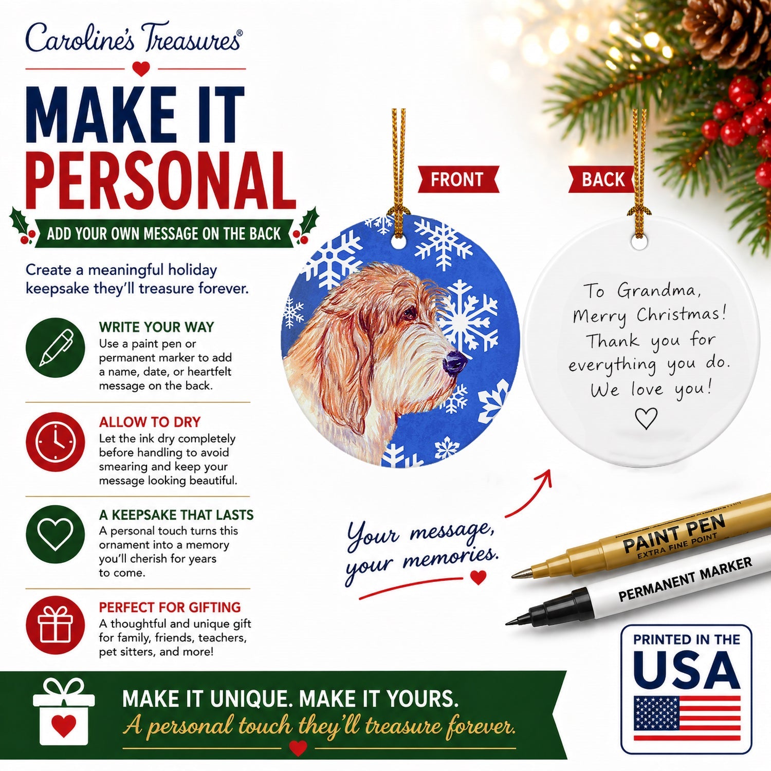 Petit Basset Griffon Vendeen Winter Snowflakes Holiday Ceramic Ornament Christmas Tree Hanging Decorations for Home Christmas Holiday, Party, Gift, 3 in, Multicolor