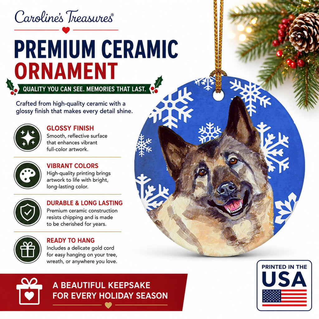 Norwegian Elkhound Winter Snowflakes Holiday Ceramic Ornament Christmas Tree Hanging Decorations for Home Christmas Holiday, Party, Gift, 3 in, Multicolor