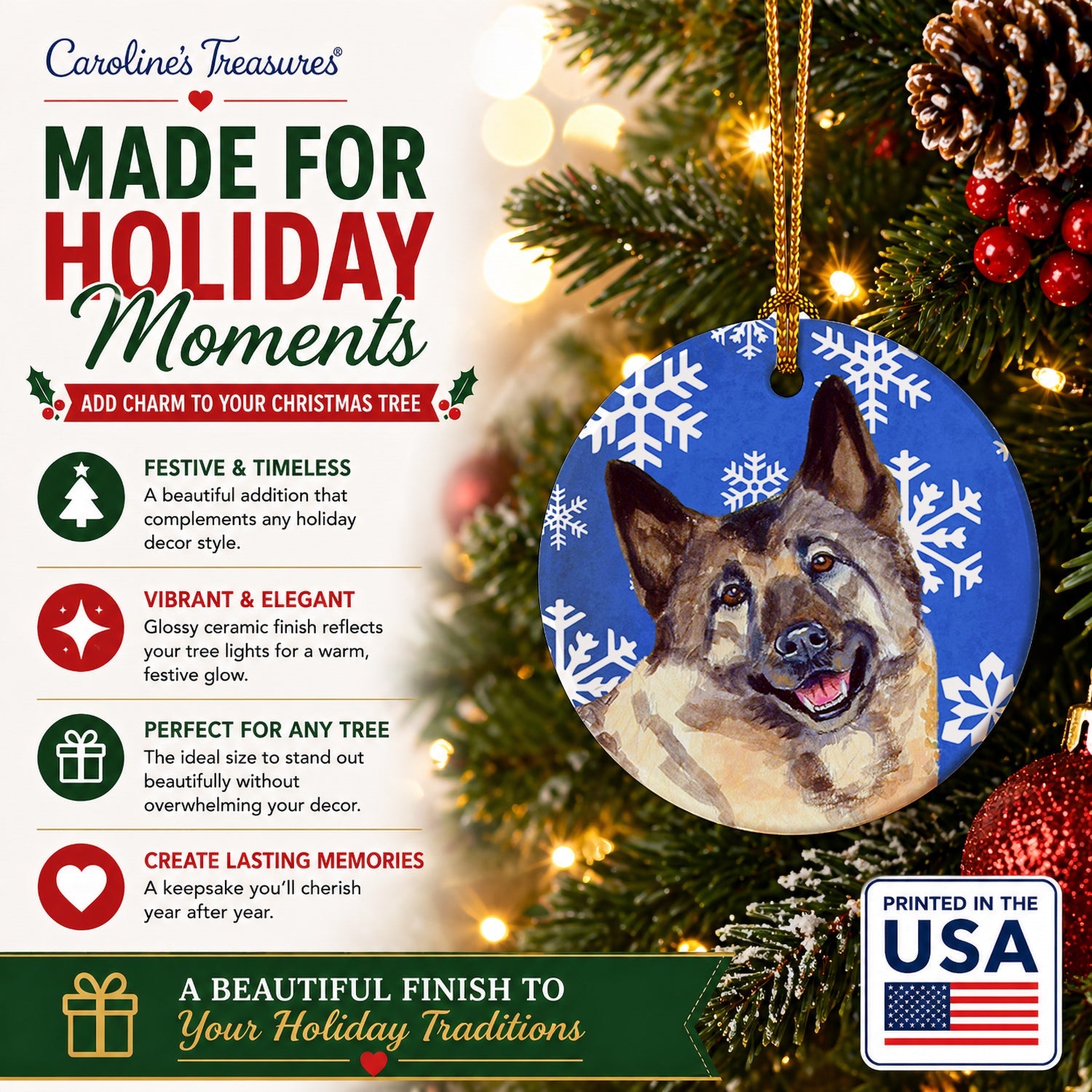 Norwegian Elkhound Winter Snowflakes Holiday Ceramic Ornament Christmas Tree Hanging Decorations for Home Christmas Holiday, Party, Gift, 3 in, Multicolor