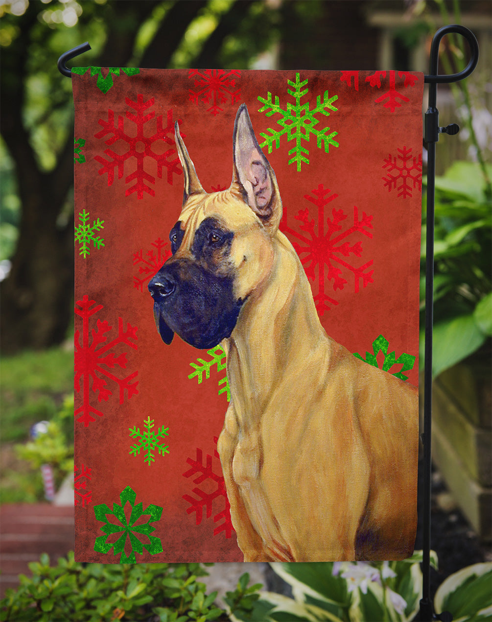 Great Dane Red and Green Snowflakes Holiday Christmas Garden Flag Mailbox Decorative Yard Banner Outside Patio Artwork for Flower Beds, Garden Size, Multicolor