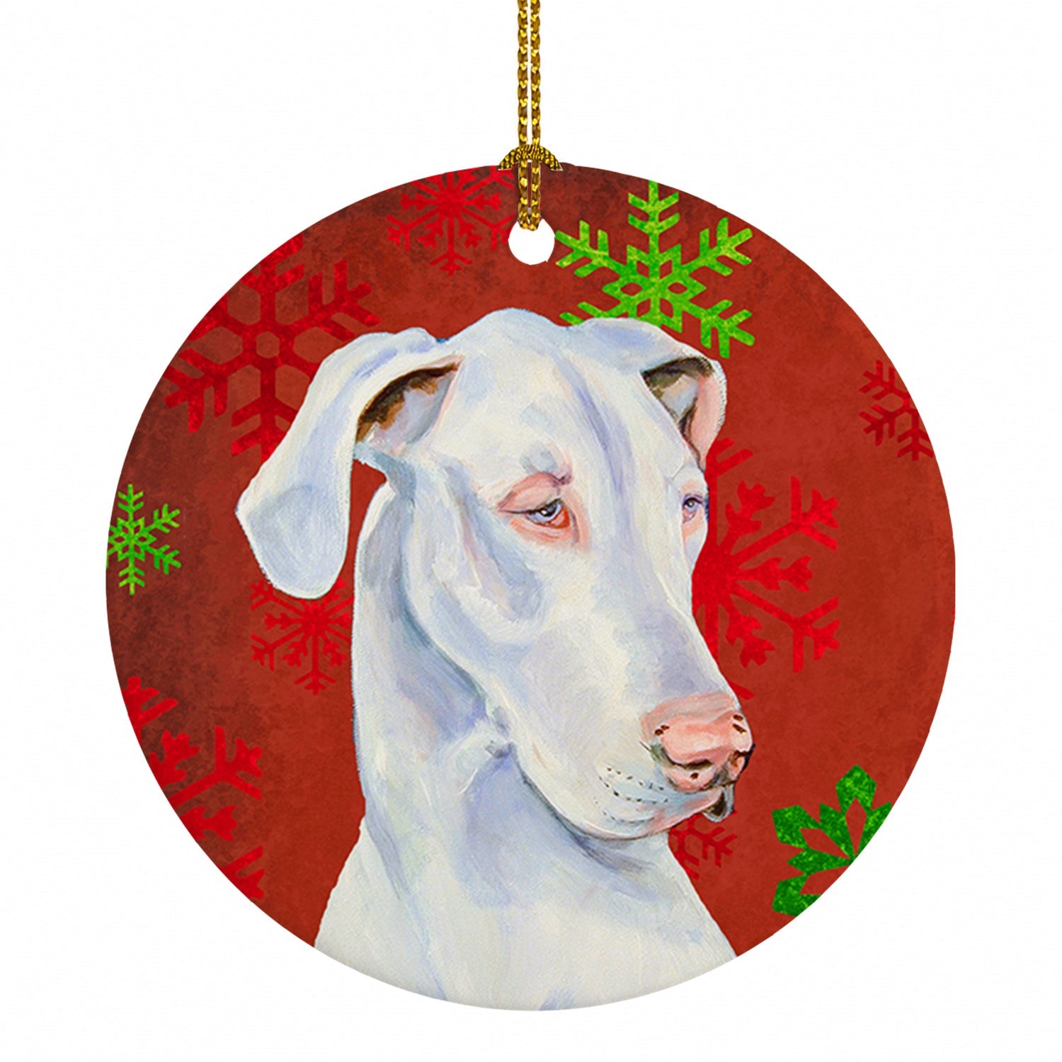 Great Dane Red and Green Snowflakes Holiday Christmas Ceramic Ornament Christmas Tree Hanging Decorations for Home Christmas Holiday, Party, Gift, 3 in, Multicolor