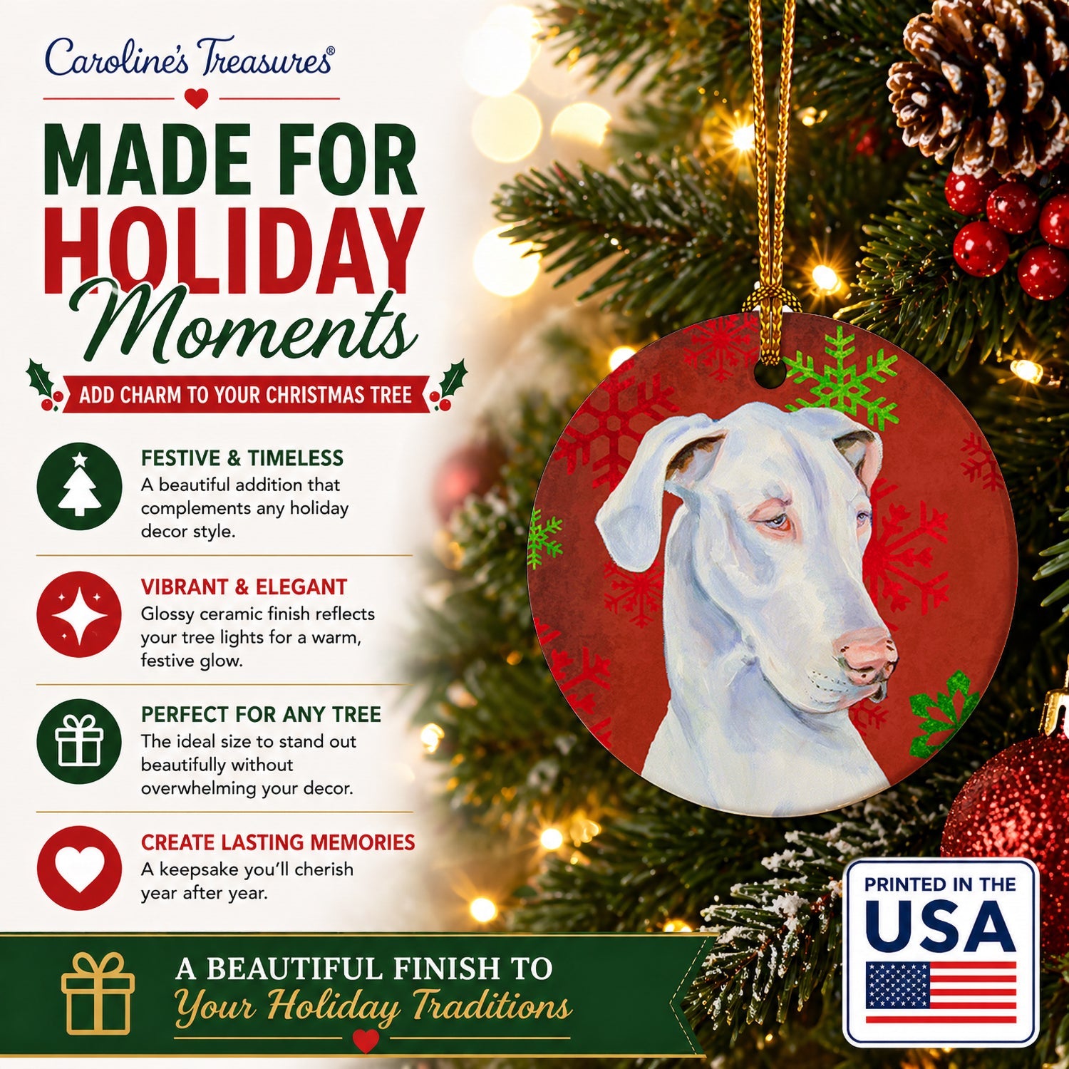 Great Dane Red and Green Snowflakes Holiday Christmas Ceramic Ornament Christmas Tree Hanging Decorations for Home Christmas Holiday, Party, Gift, 3 in, Multicolor