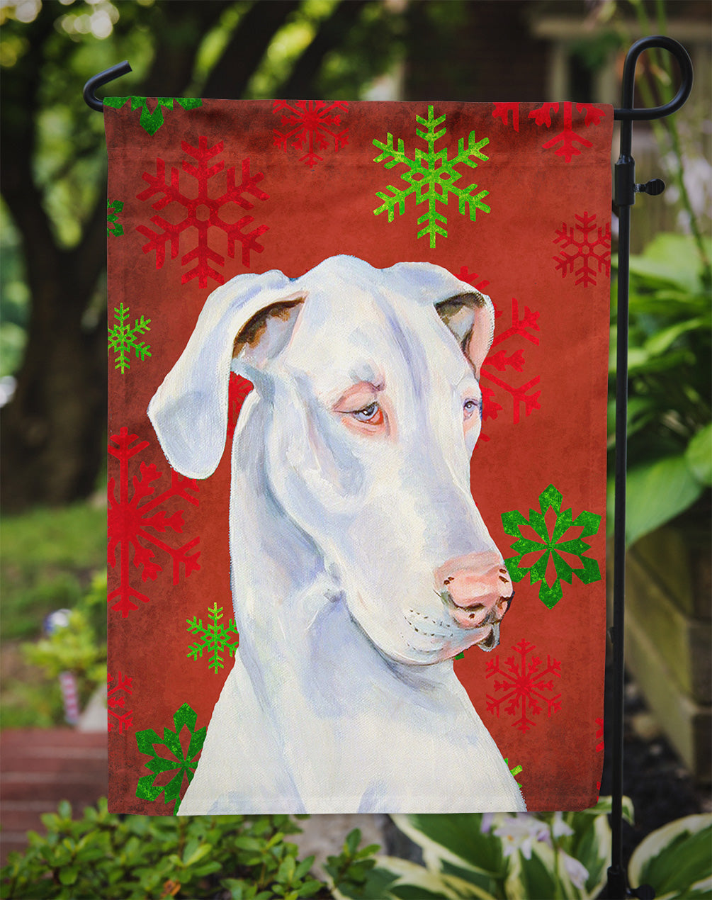Great Dane Red and Green Snowflakes Holiday Christmas Garden Flag Mailbox Decorative Yard Banner Outside Patio Artwork for Flower Beds, Garden Size, Multicolor
