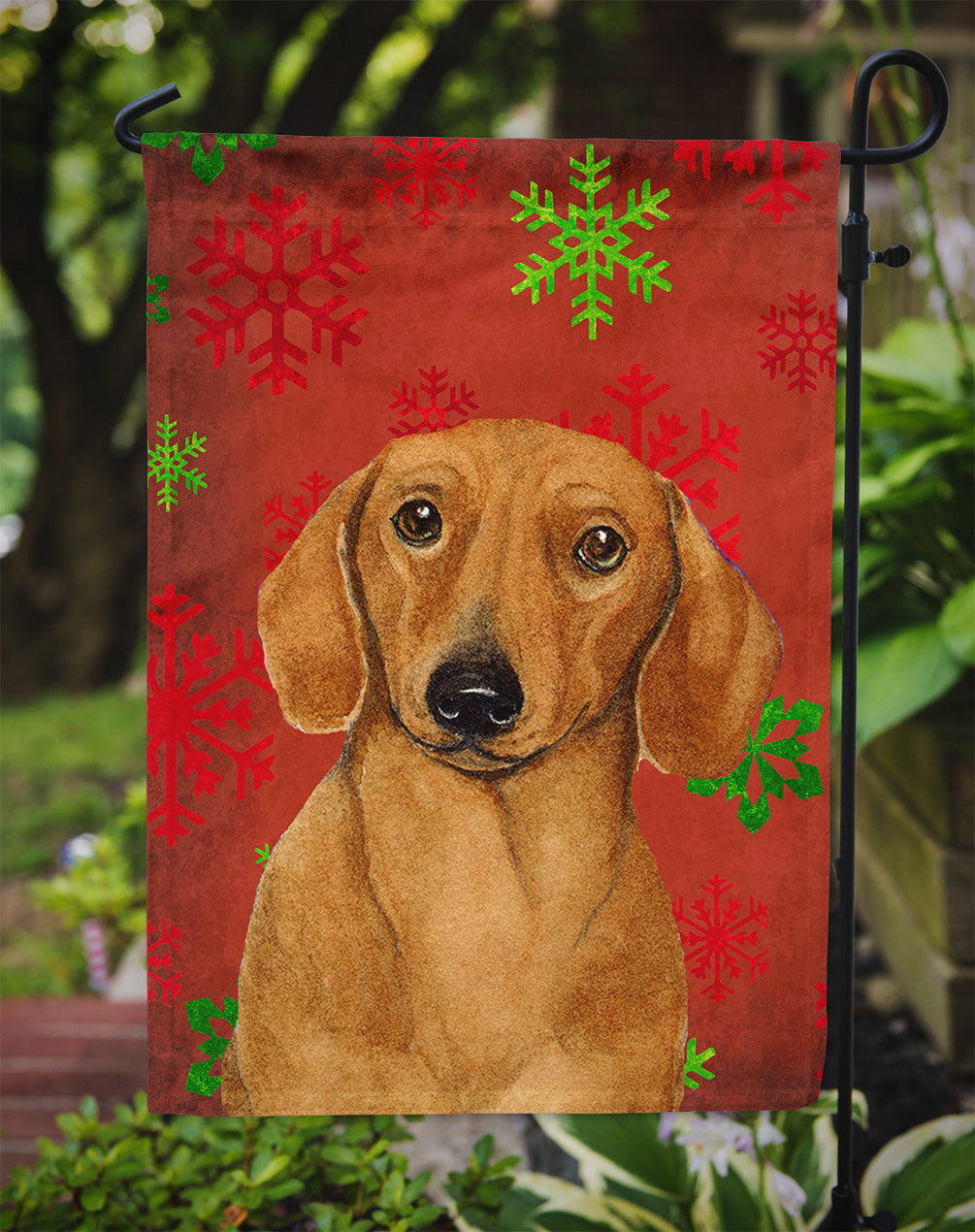 Dachshund Red and Green Snowflakes Holiday Christmas Garden Flag Mailbox Decorative Yard Banner Outside Patio Artwork for Flower Beds, Garden Size, Multicolor