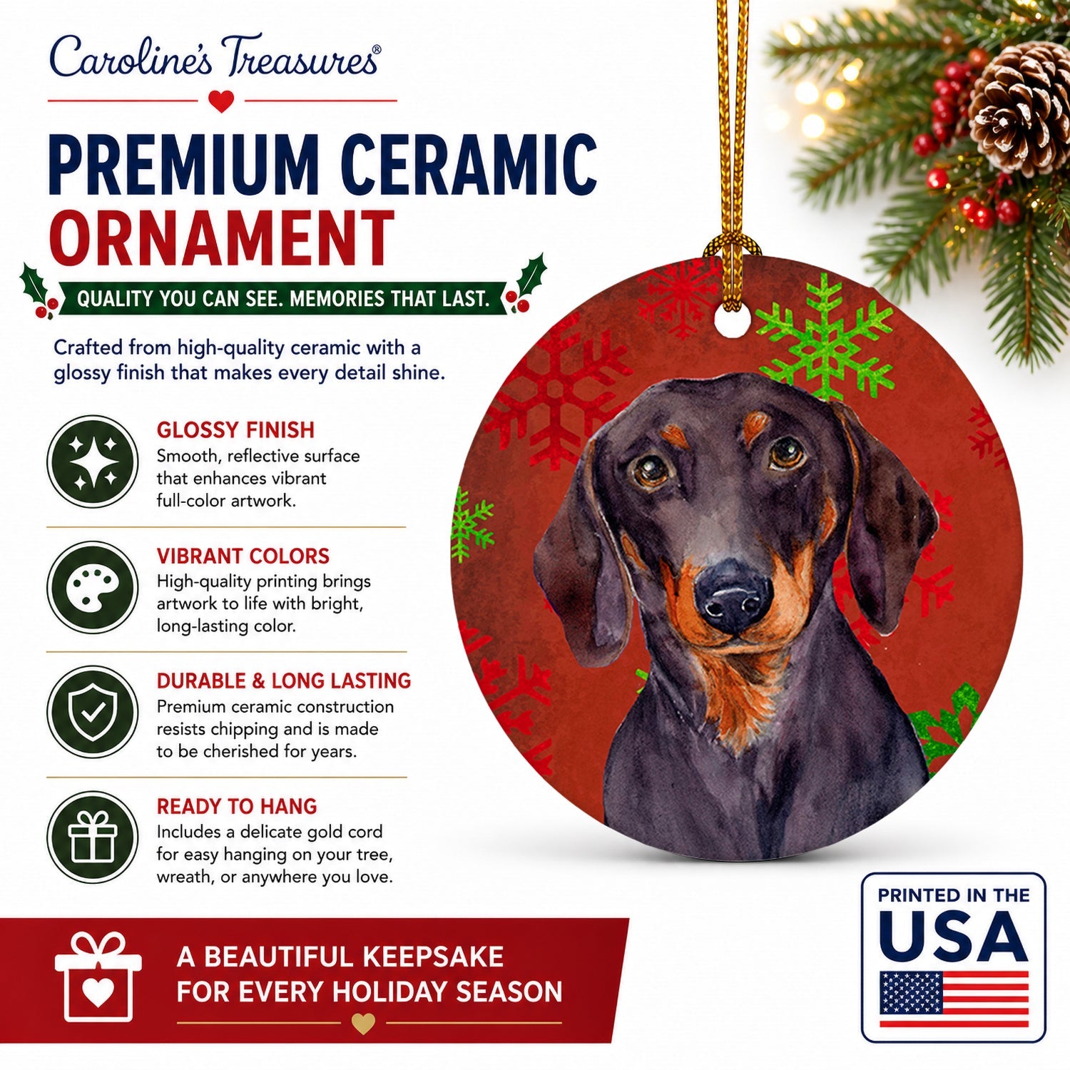 Dachshund Red and Green Snowflakes Holiday Christmas Ceramic Ornament Christmas Tree Hanging Decorations for Home Christmas Holiday, Party, Gift, 3 in, Multicolor