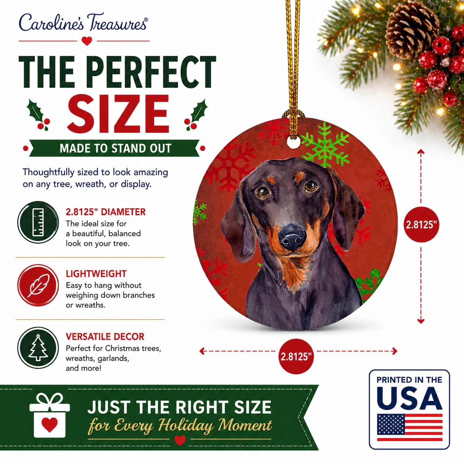 Dachshund Red and Green Snowflakes Holiday Christmas Ceramic Ornament Christmas Tree Hanging Decorations for Home Christmas Holiday, Party, Gift, 3 in, Multicolor