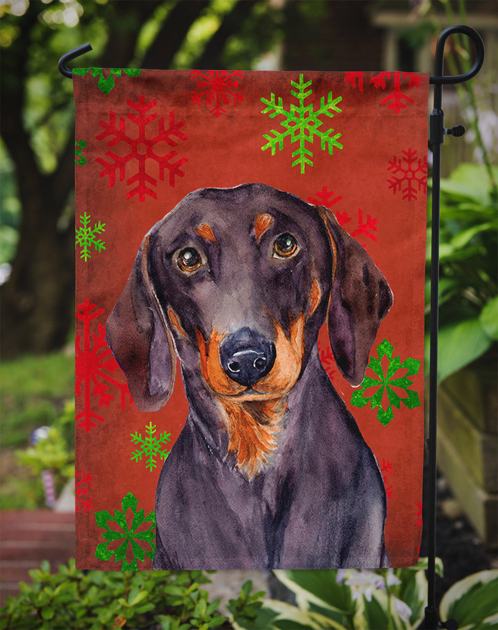 Dachshund Red and Green Snowflakes Holiday Christmas Garden Flag Mailbox Decorative Yard Banner Outside Patio Artwork for Flower Beds, Garden Size, Multicolor