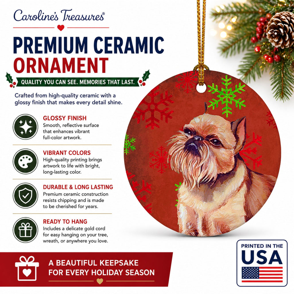 Brussels Griffon Red and Green Snowflakes Holiday Christmas Ceramic Ornament Christmas Tree Hanging Decorations for Home Christmas Holiday, Party, Gift, 3 in, Multicolor