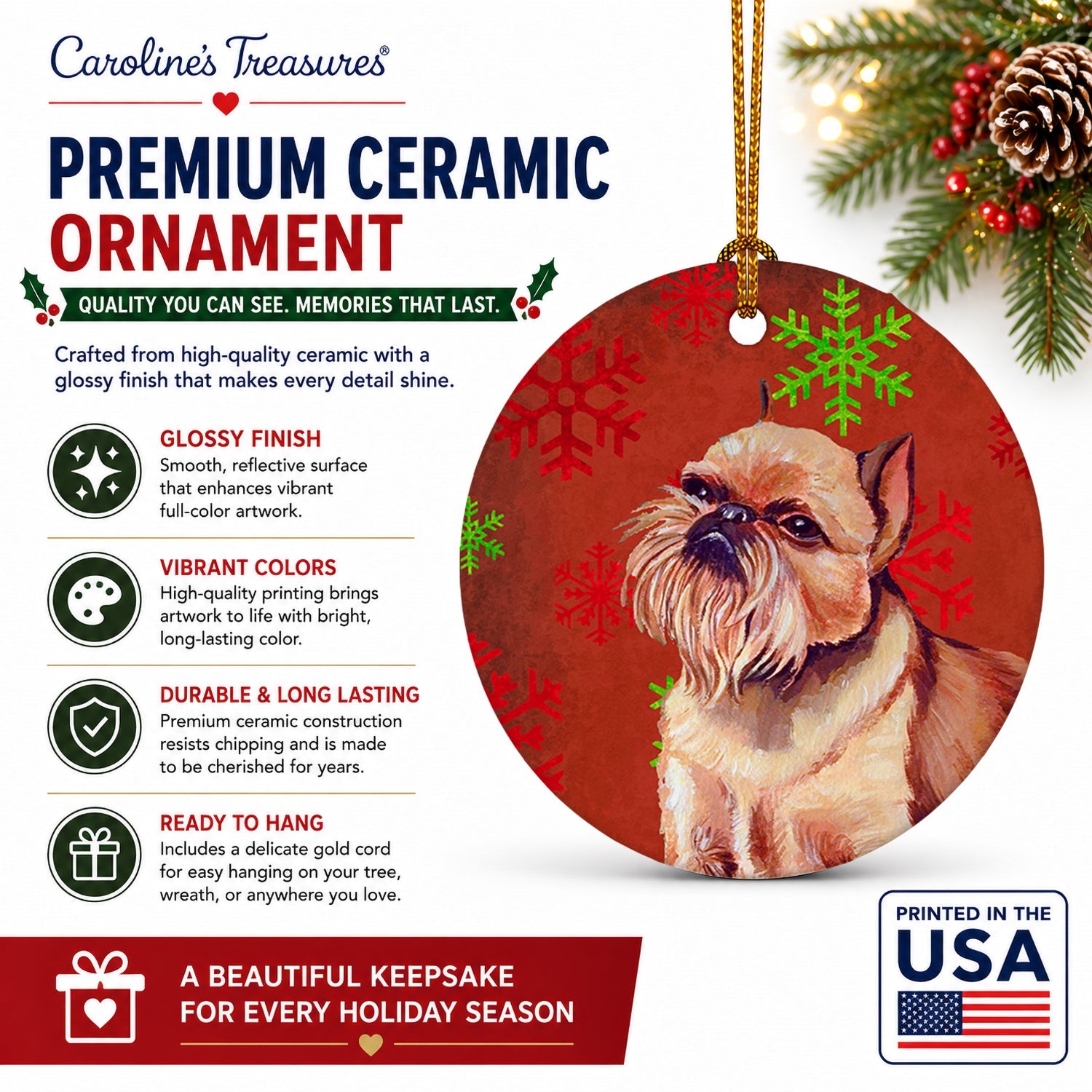 Brussels Griffon Red and Green Snowflakes Holiday Christmas Ceramic Ornament Christmas Tree Hanging Decorations for Home Christmas Holiday, Party, Gift, 3 in, Multicolor