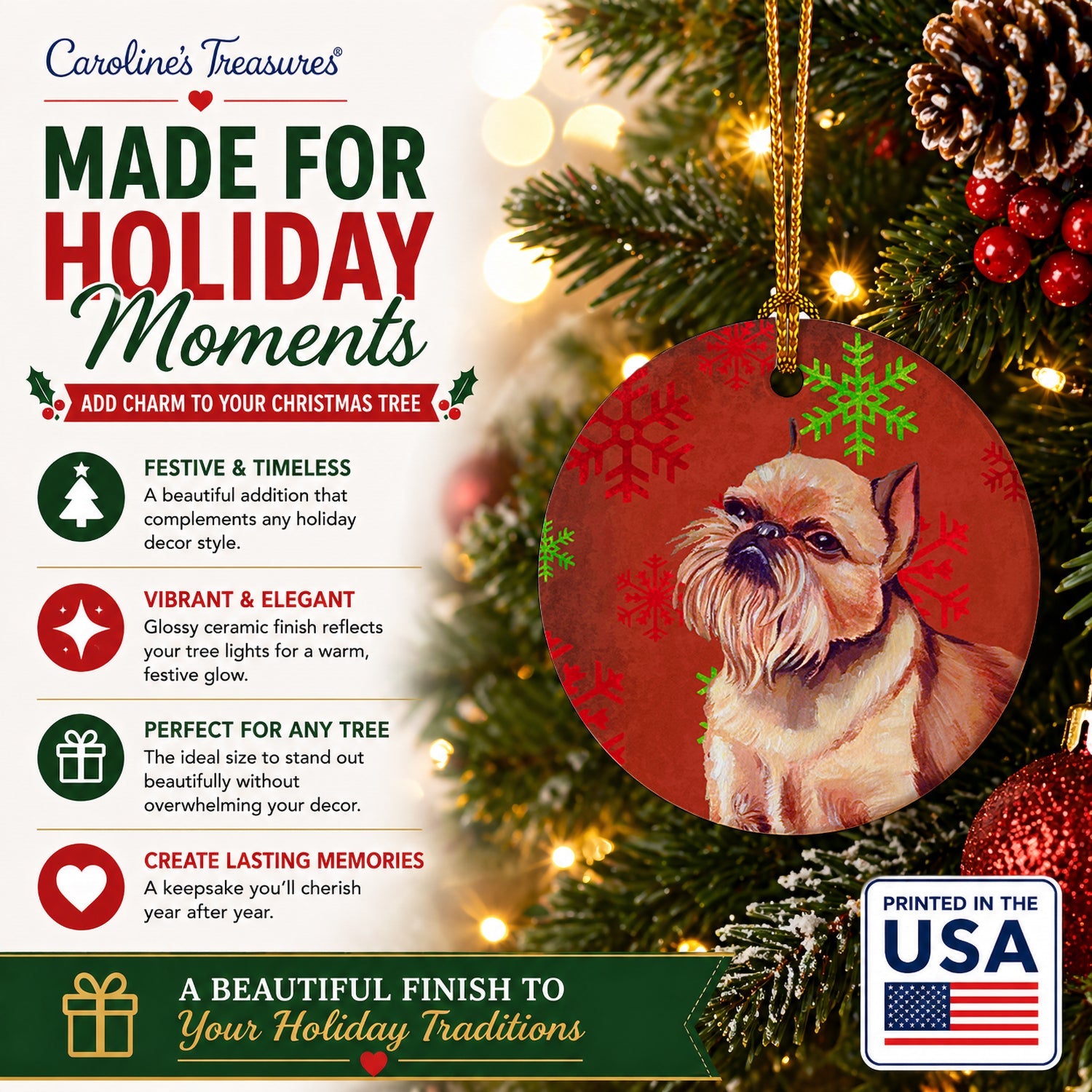 Brussels Griffon Red and Green Snowflakes Holiday Christmas Ceramic Ornament Christmas Tree Hanging Decorations for Home Christmas Holiday, Party, Gift, 3 in, Multicolor